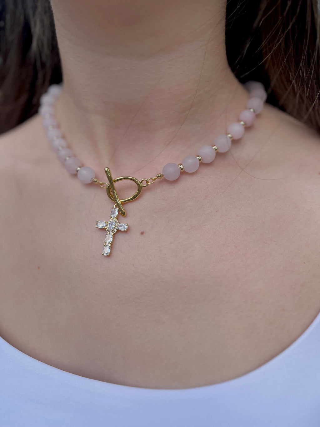 Set: Rose Quartz Cross Necklace and Earrings, 18k gold plated