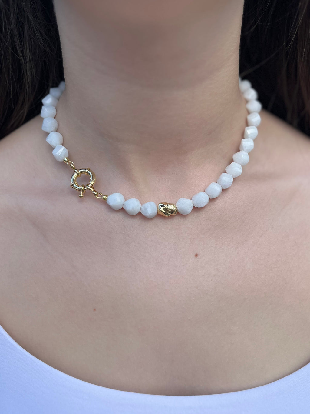 Natural White Jade Necklace with Gold Accent