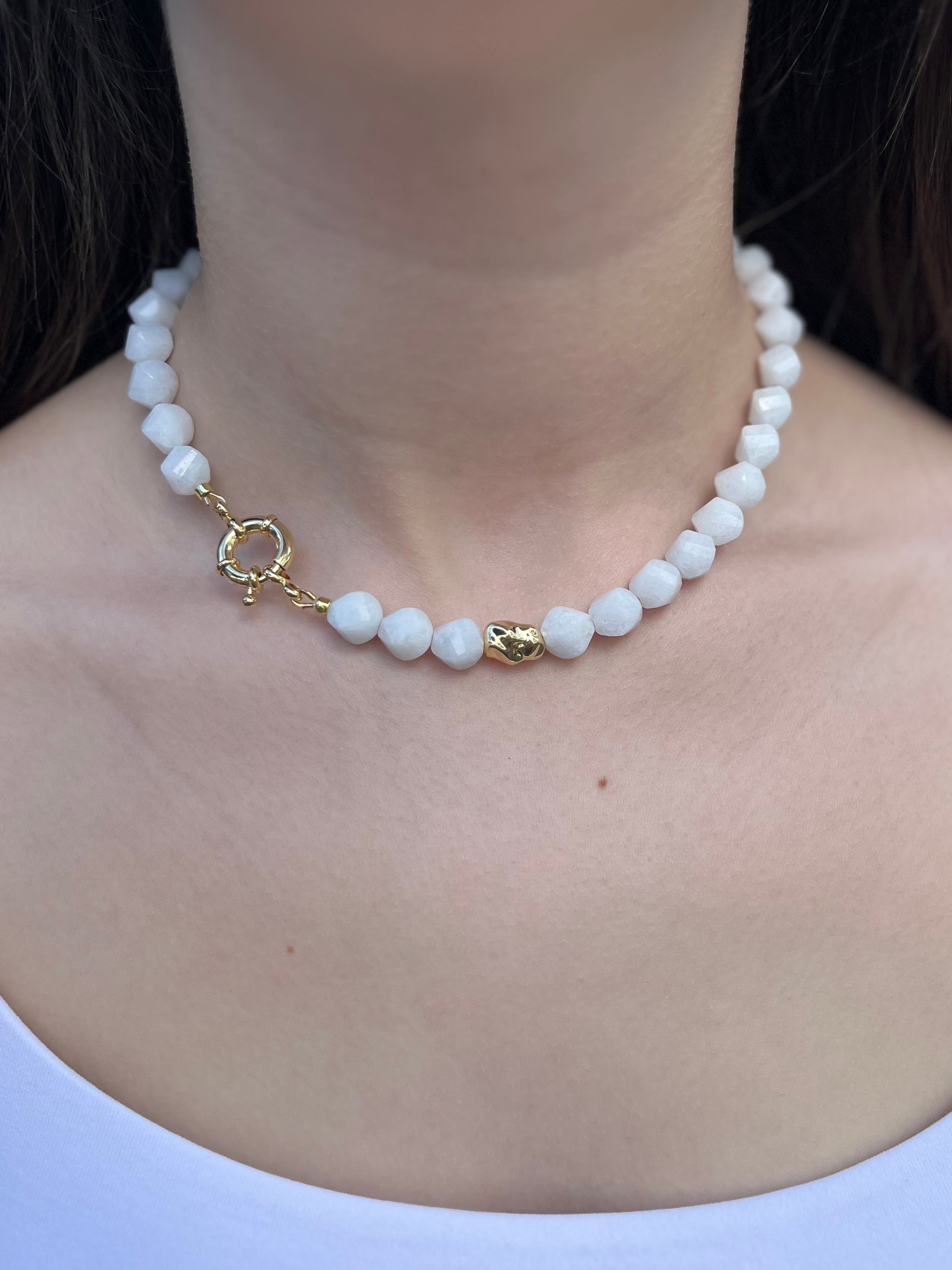 Natural White Jade Necklace with Gold Accent