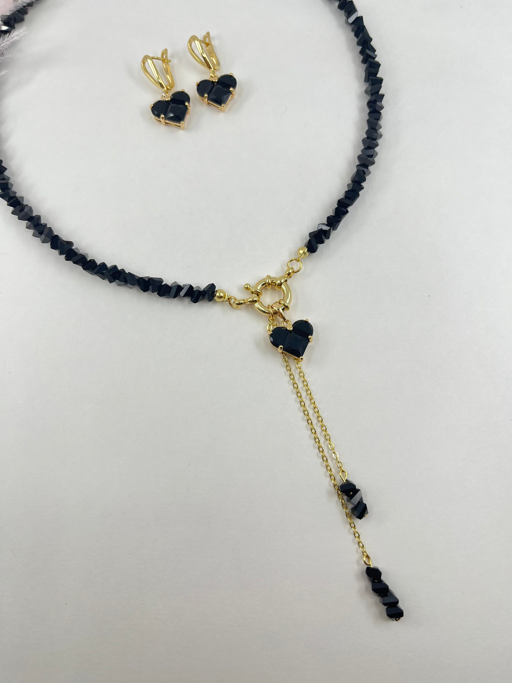 Set: Heart Black Crystal Y-Necklace and Earrings – 18K Gold Plated, Cubic Zirconia