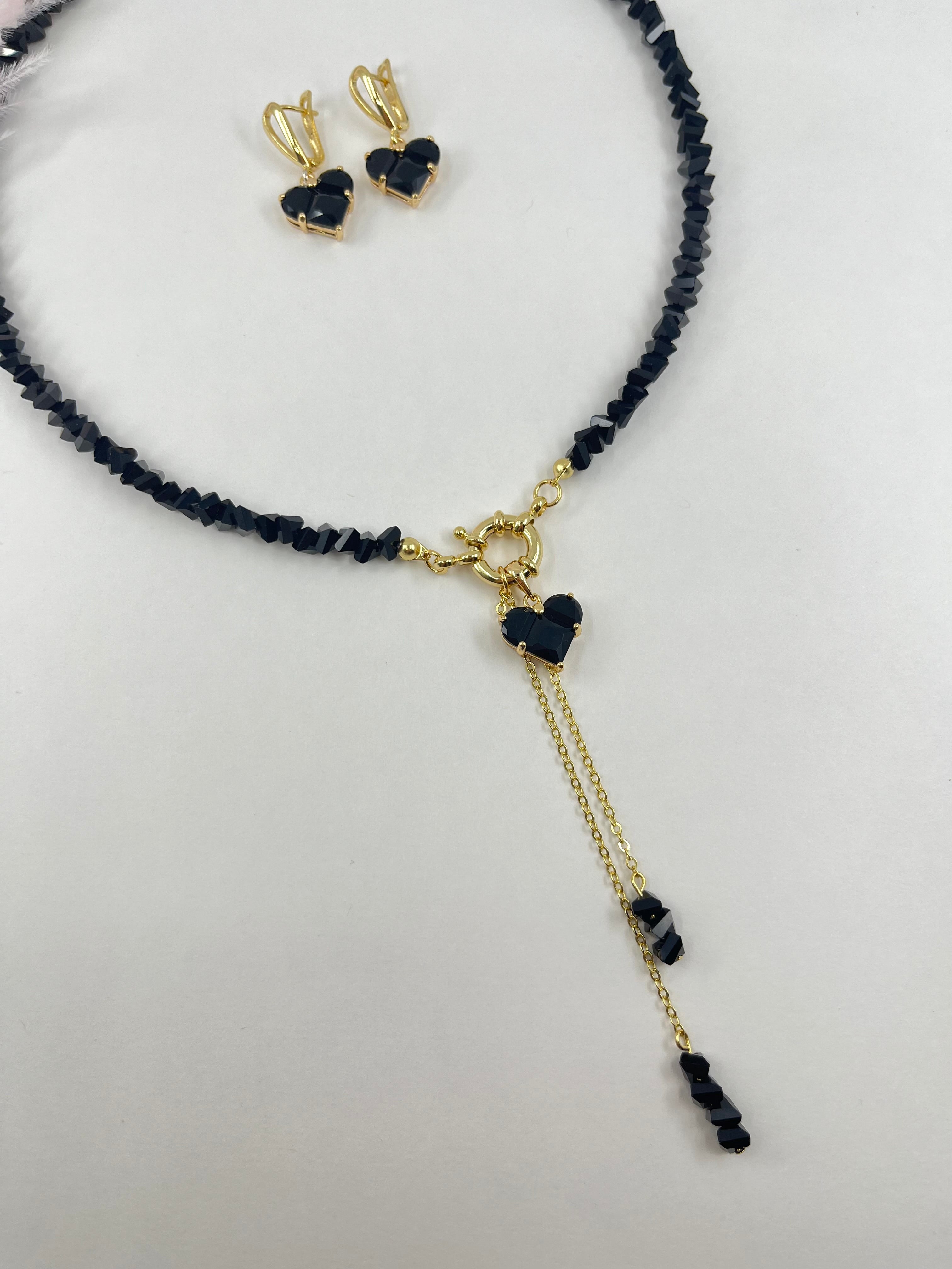 Set: Heart Black Crystal Y-Necklace and Earrings – 18K Gold Plated, Cubic Zirconia