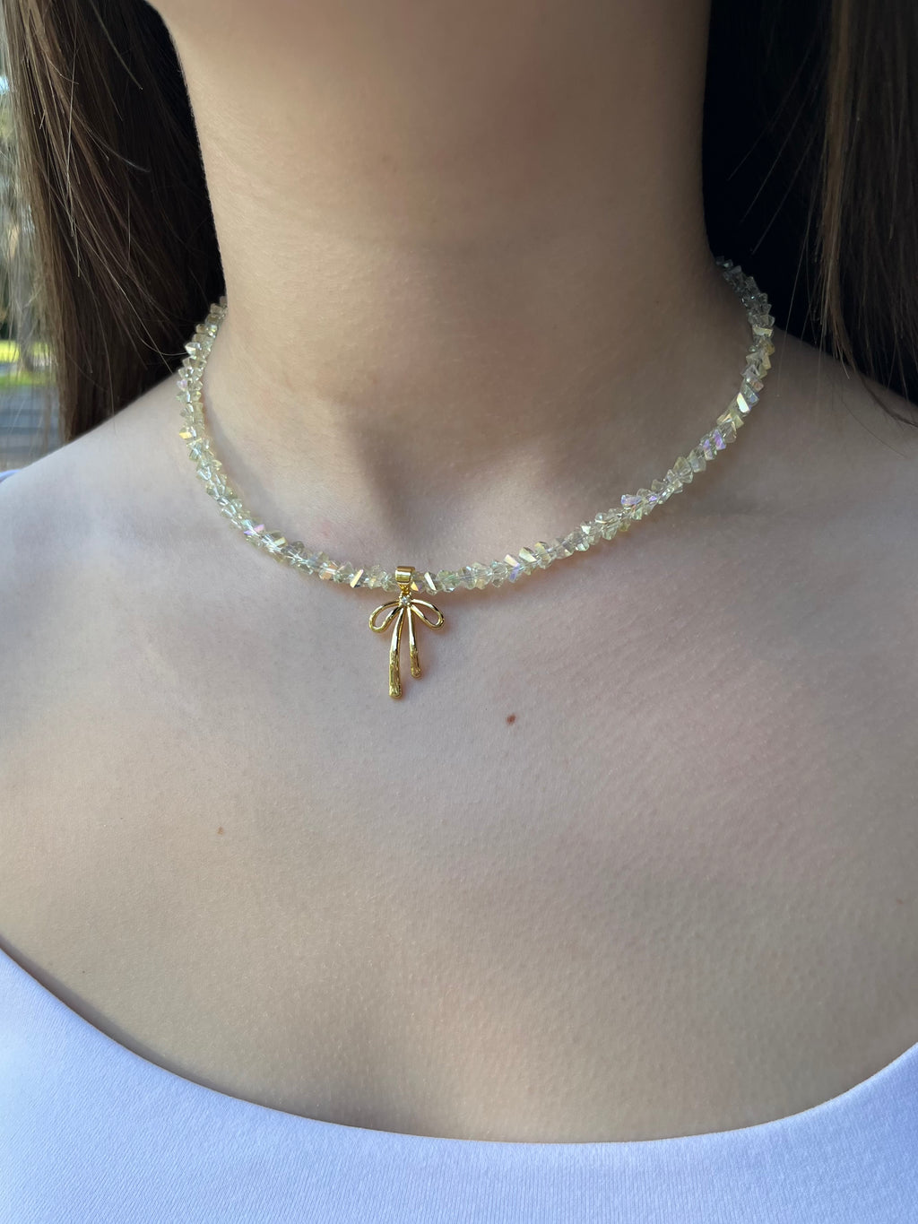 Crystal Glass Bead Choker: 18K Gold Bowknot Pendant