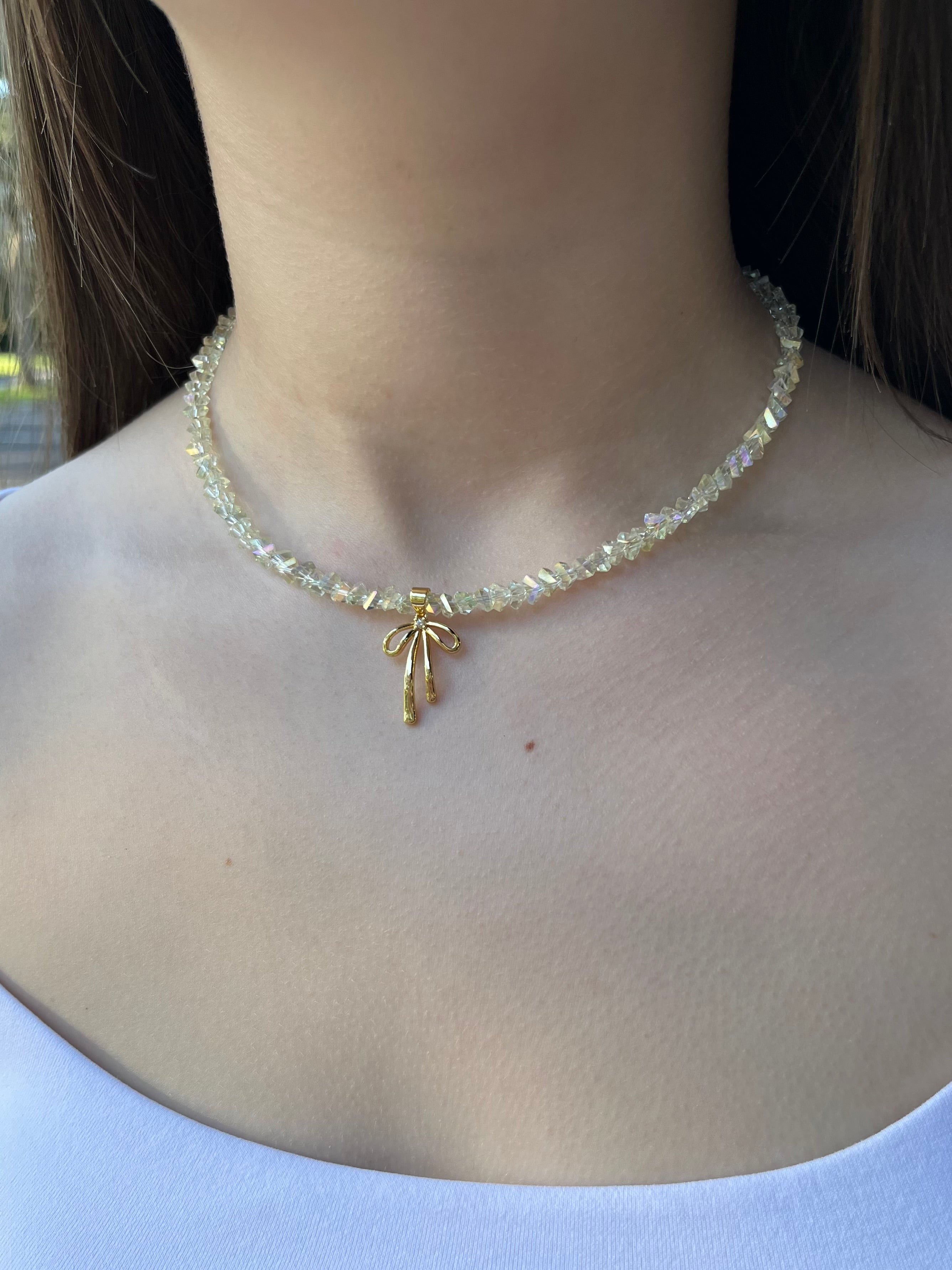 Crystal Glass Bead Choker: 18K Gold Bowknot Pendant