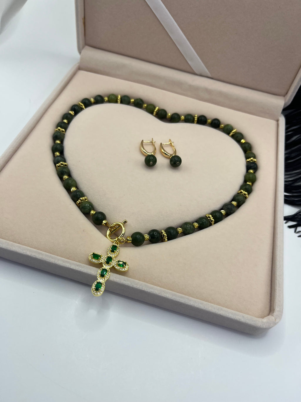 Set: Natural Taiwan Jade Necklace with Zirconia Cross 18K Gold plated