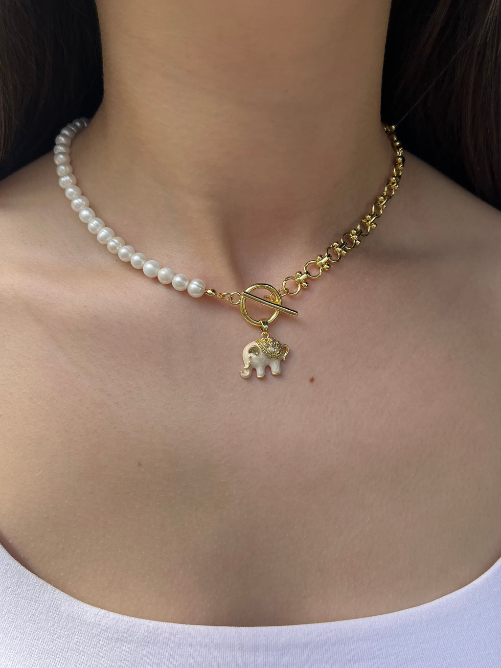 Asymmetrical Pearl Necklace with Elephant Pendant, 18K Gold Plated Chain