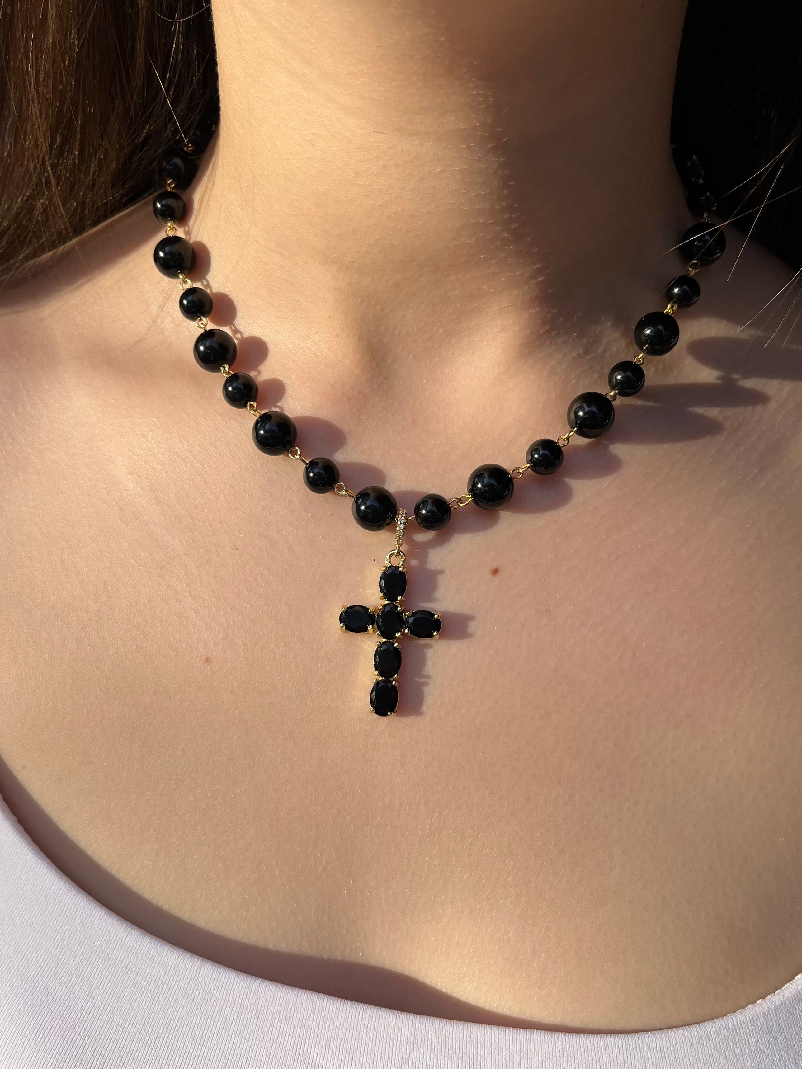 Black Onyx Necklace– 18K Gold Plated Zirconia Cross