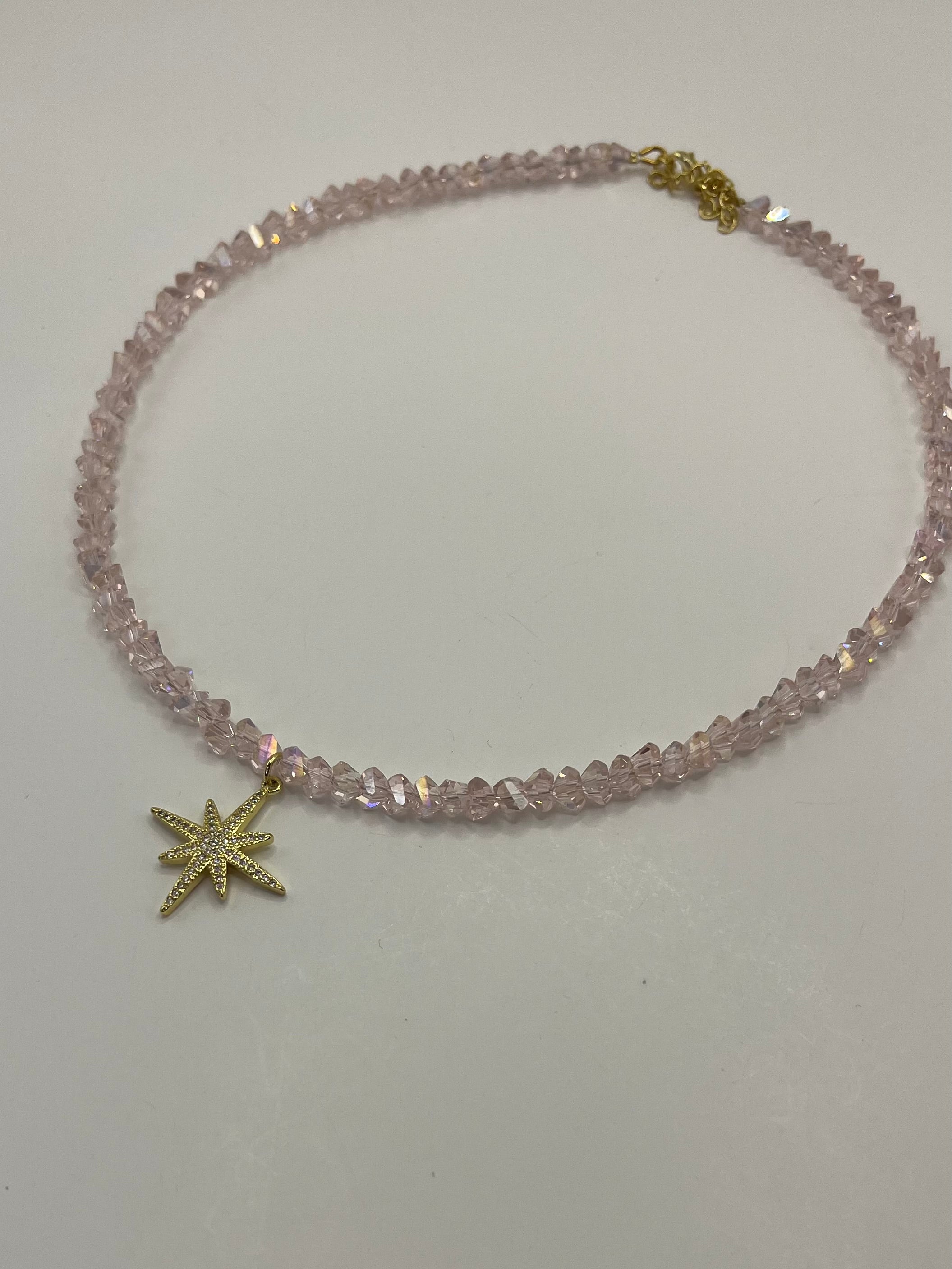 Crystal Glass Bead Choker: 18K Gold Star Pendant