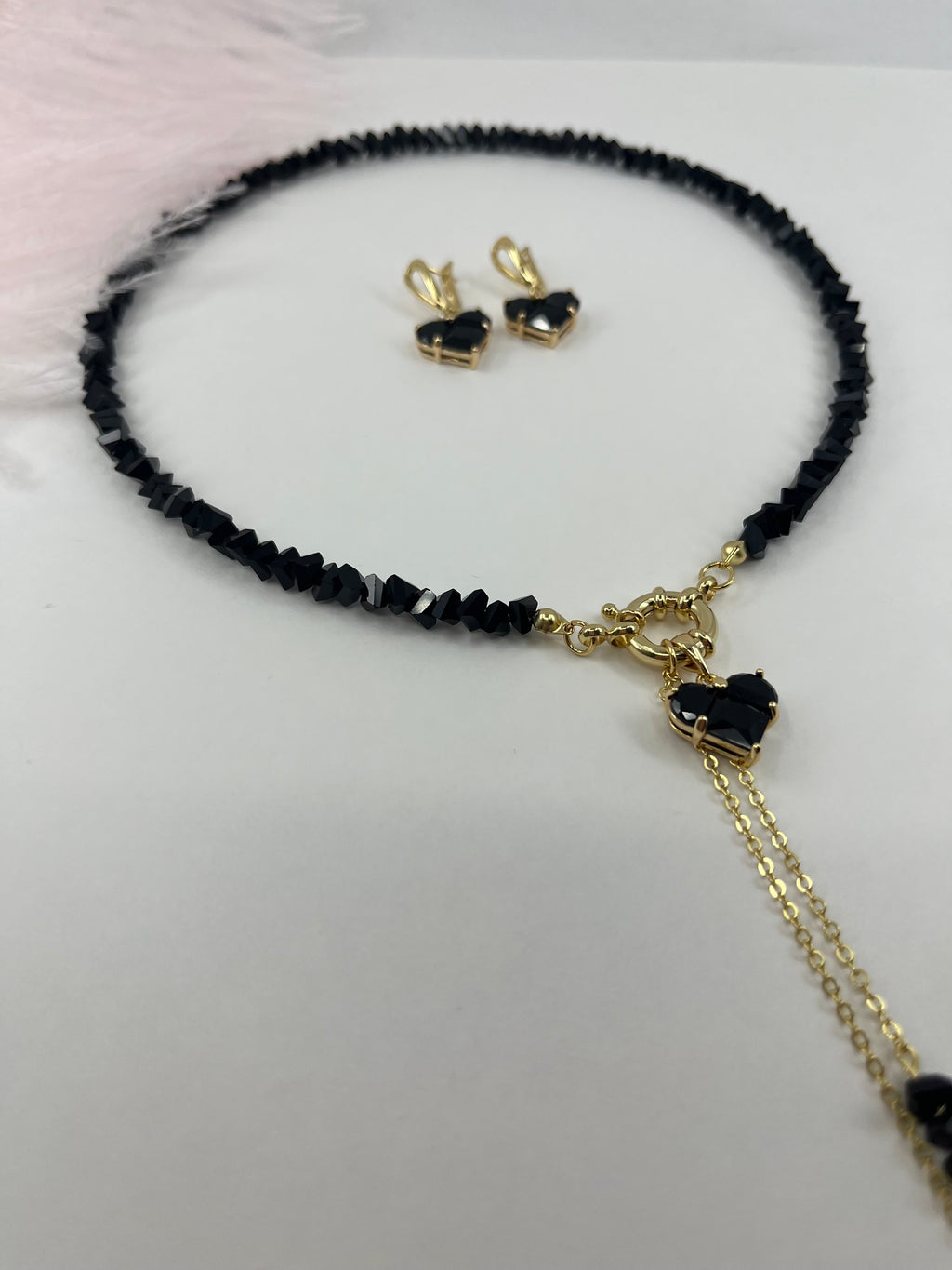 Set: Heart Black Crystal Y-Necklace and Earrings – 18K Gold Plated, Cubic Zirconia