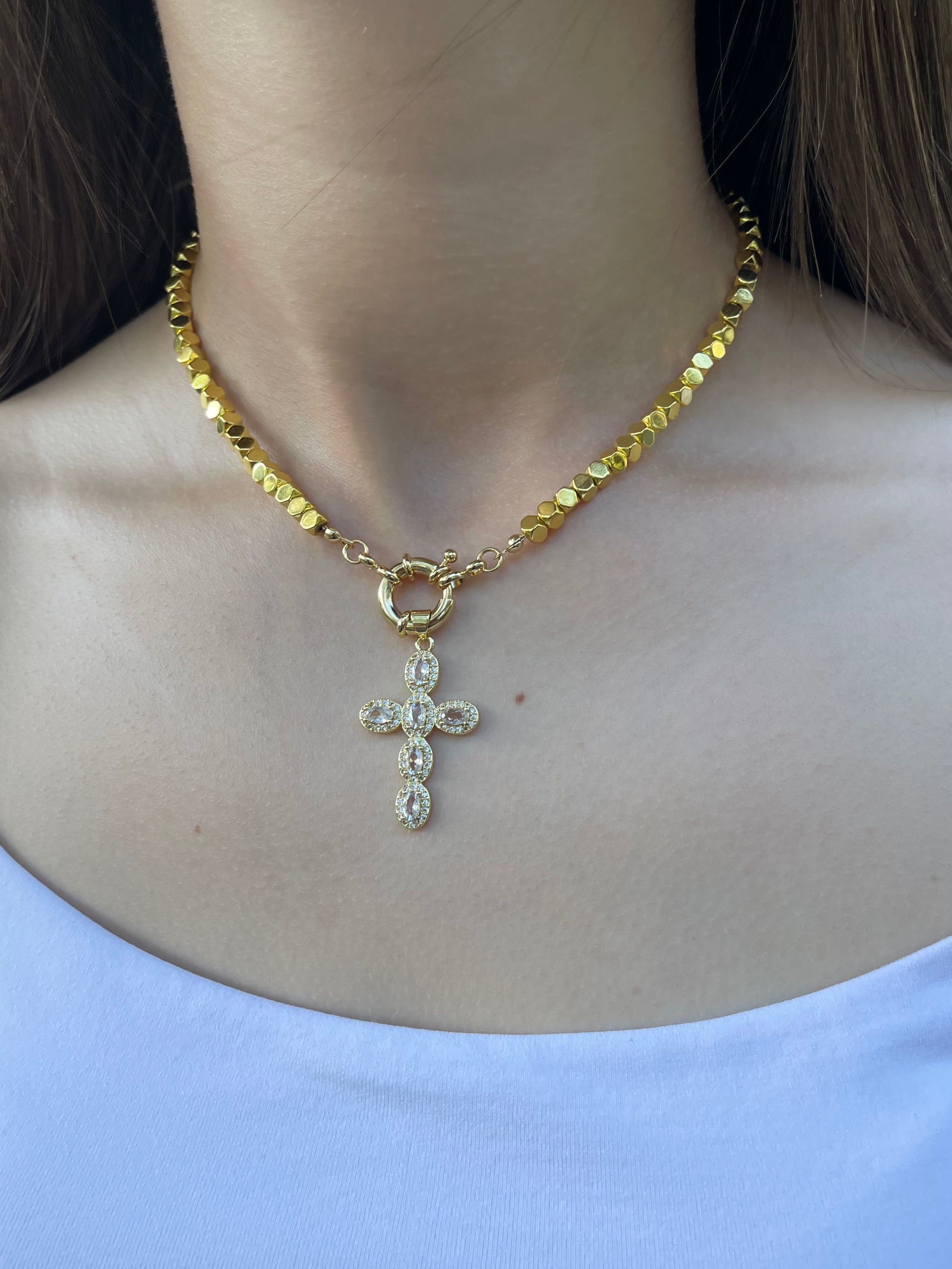 Gold Hematite Cross Necklace, 18K Gold Plated pendant