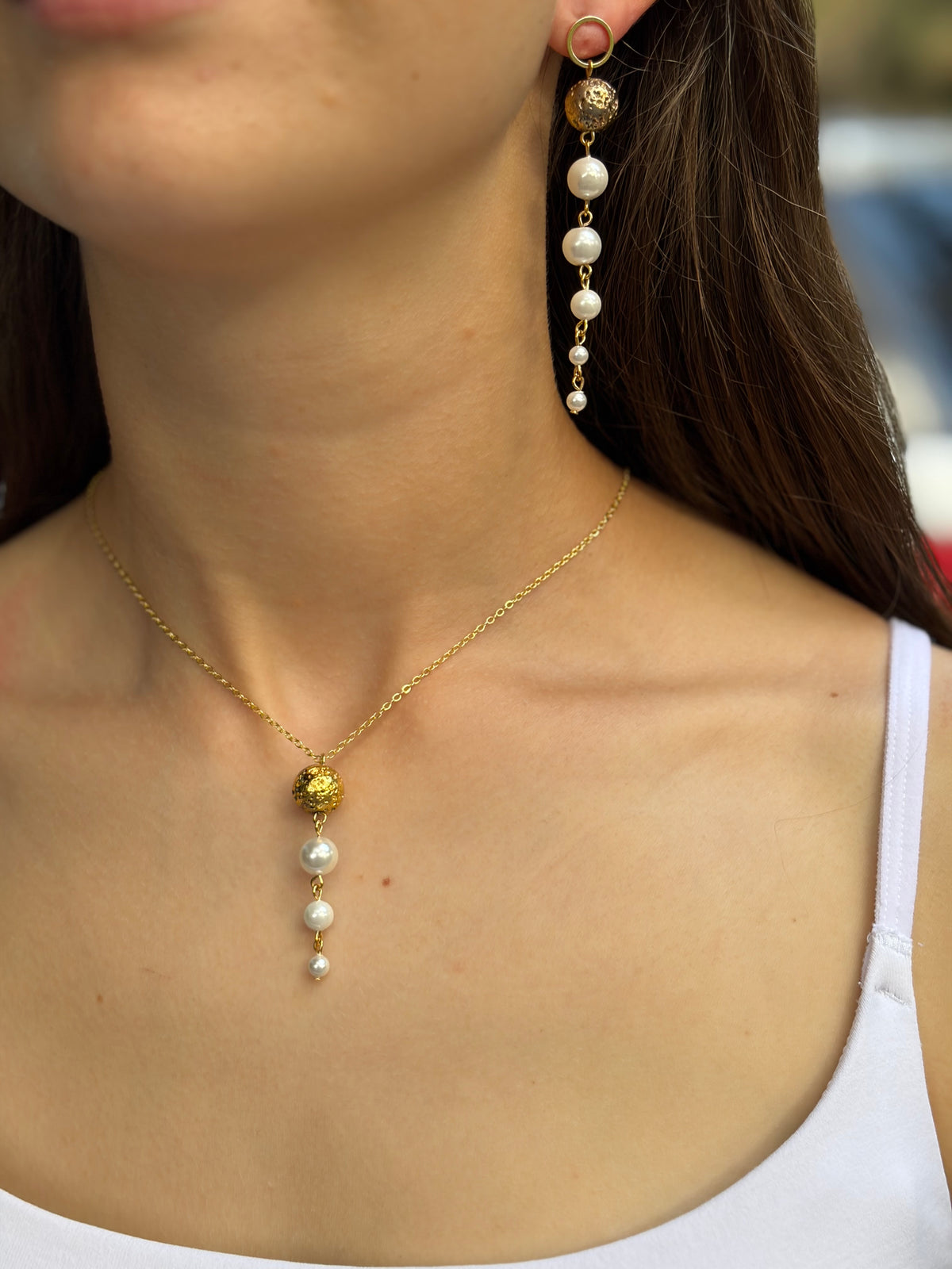 Long Pearl Shell Drop Earrings and Necklace