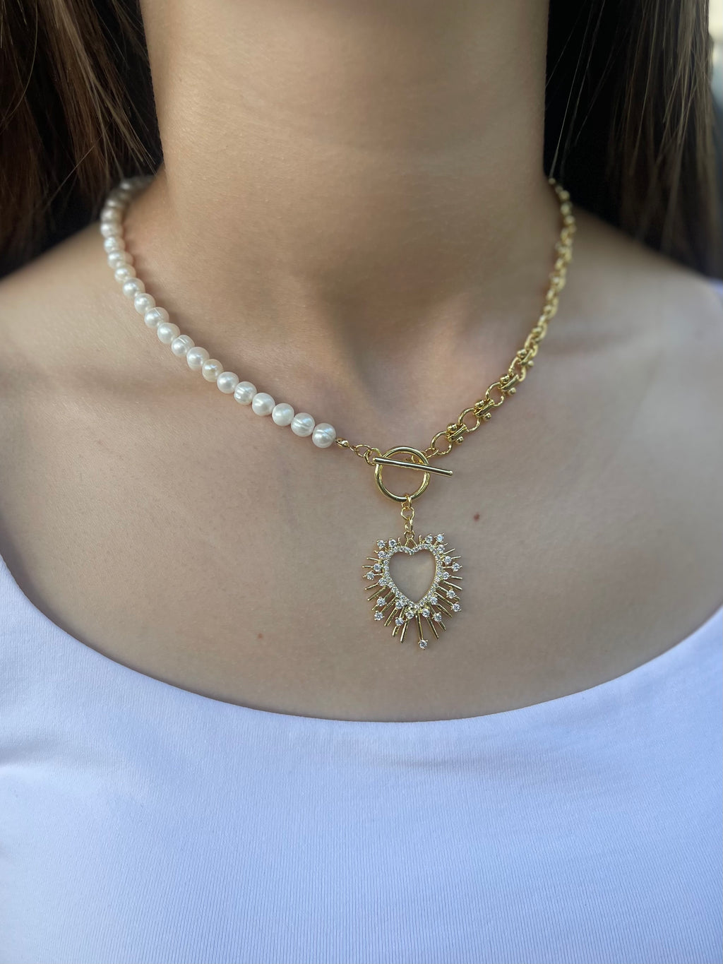 Asymmetrical Pearl Necklace with Heart Pendant, 18K Gold Plated Chain