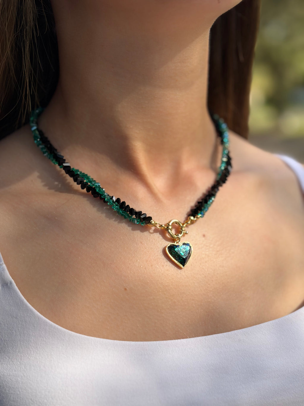 Layered Heart Black and Green Crystal Necklace