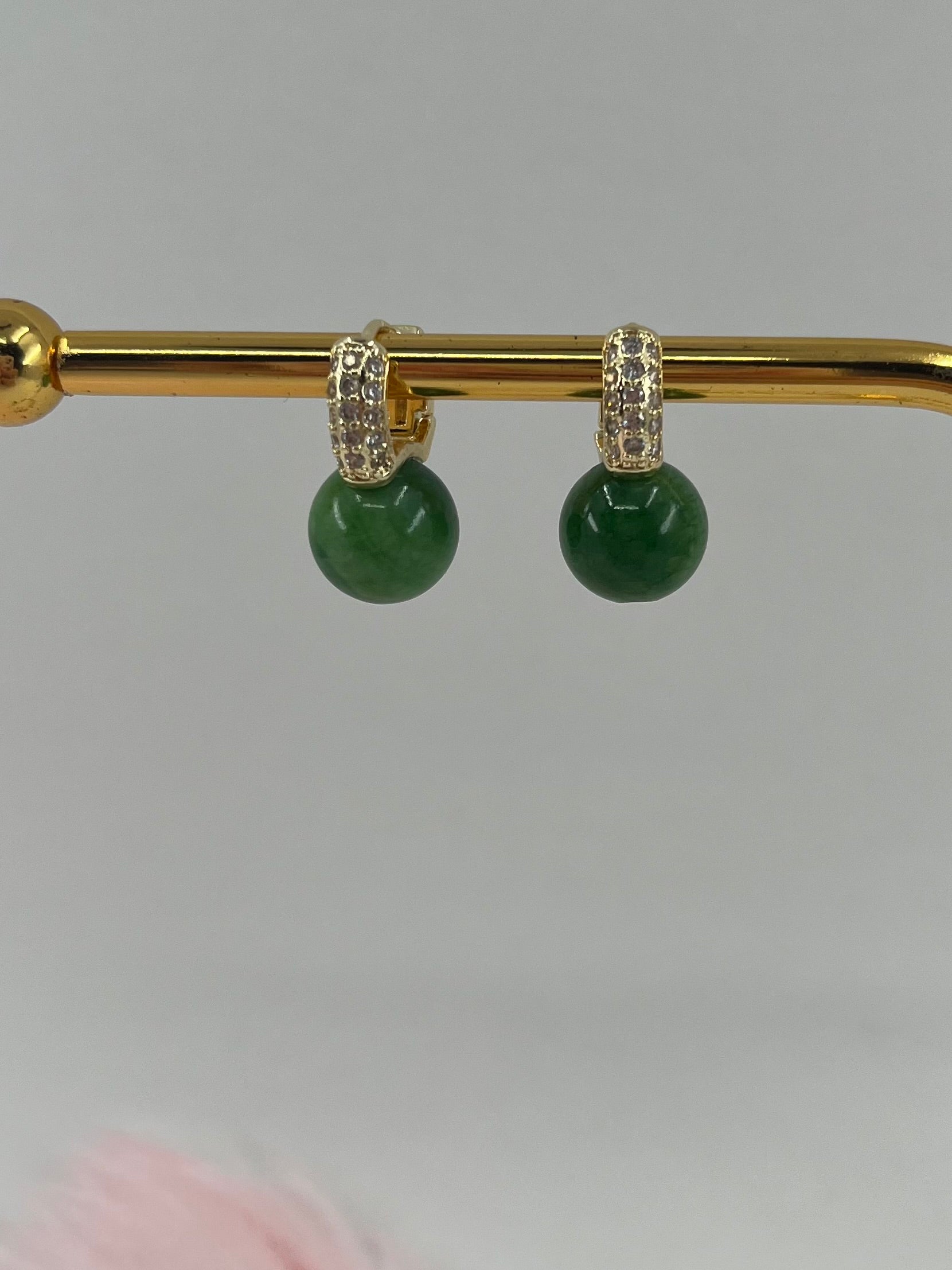 Natural Green Jade Gold Zirconia Earrings