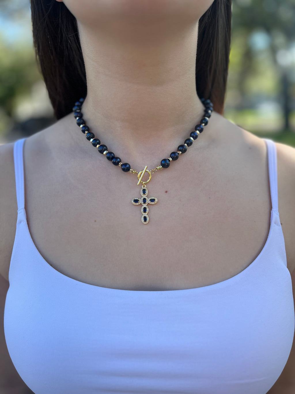 Blue Pearl Choker Necklace with Cross pendant: 18K Gold Plated
