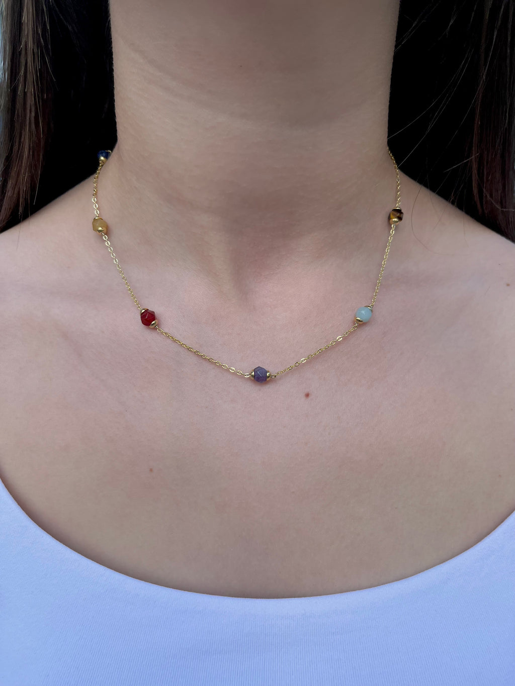 Chakra natural gemstone Necklace: tiger eye, quartz, amethyst, agate, amazonite, sodalite