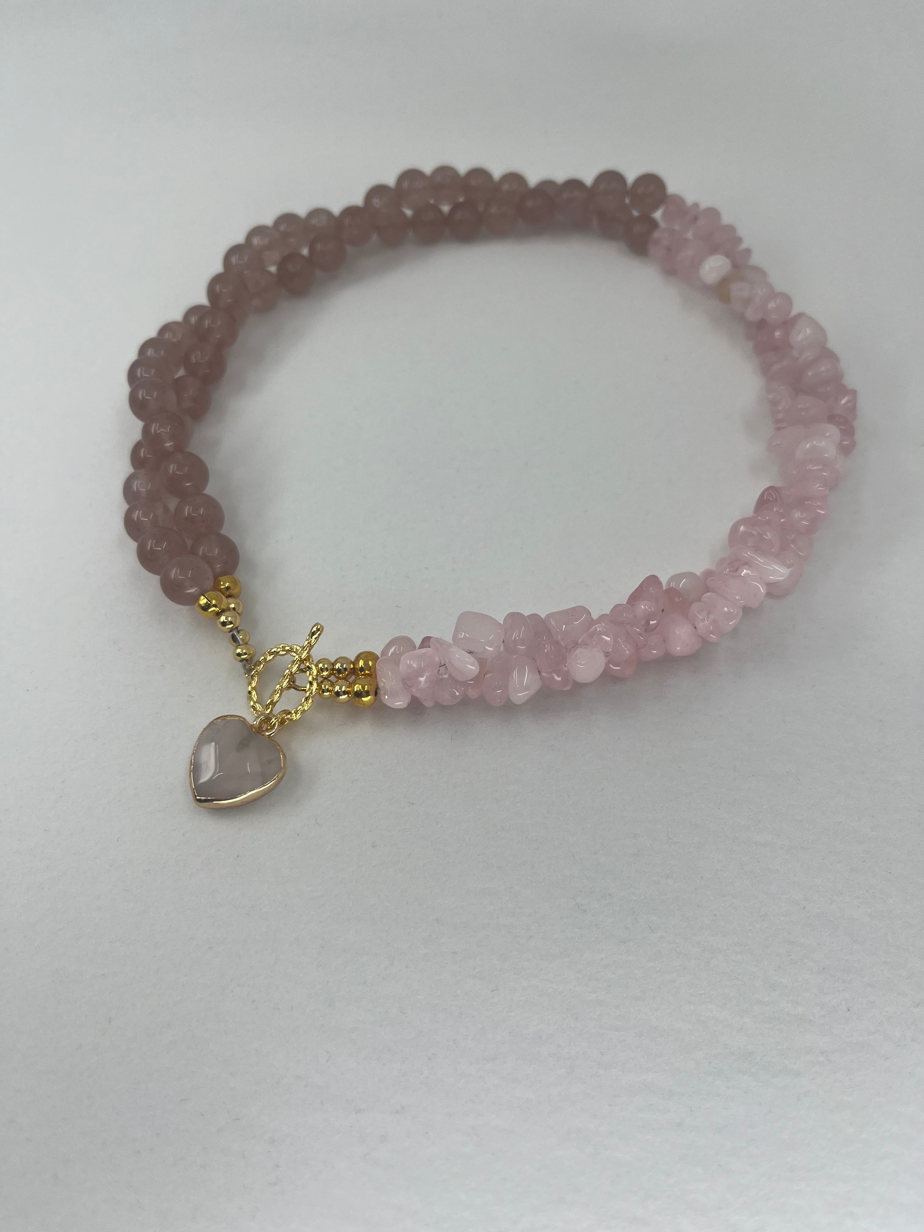 Asymmetrical Layered Strawberry Quartz Necklace with heart pendant: 18K Gold Plated Pendant