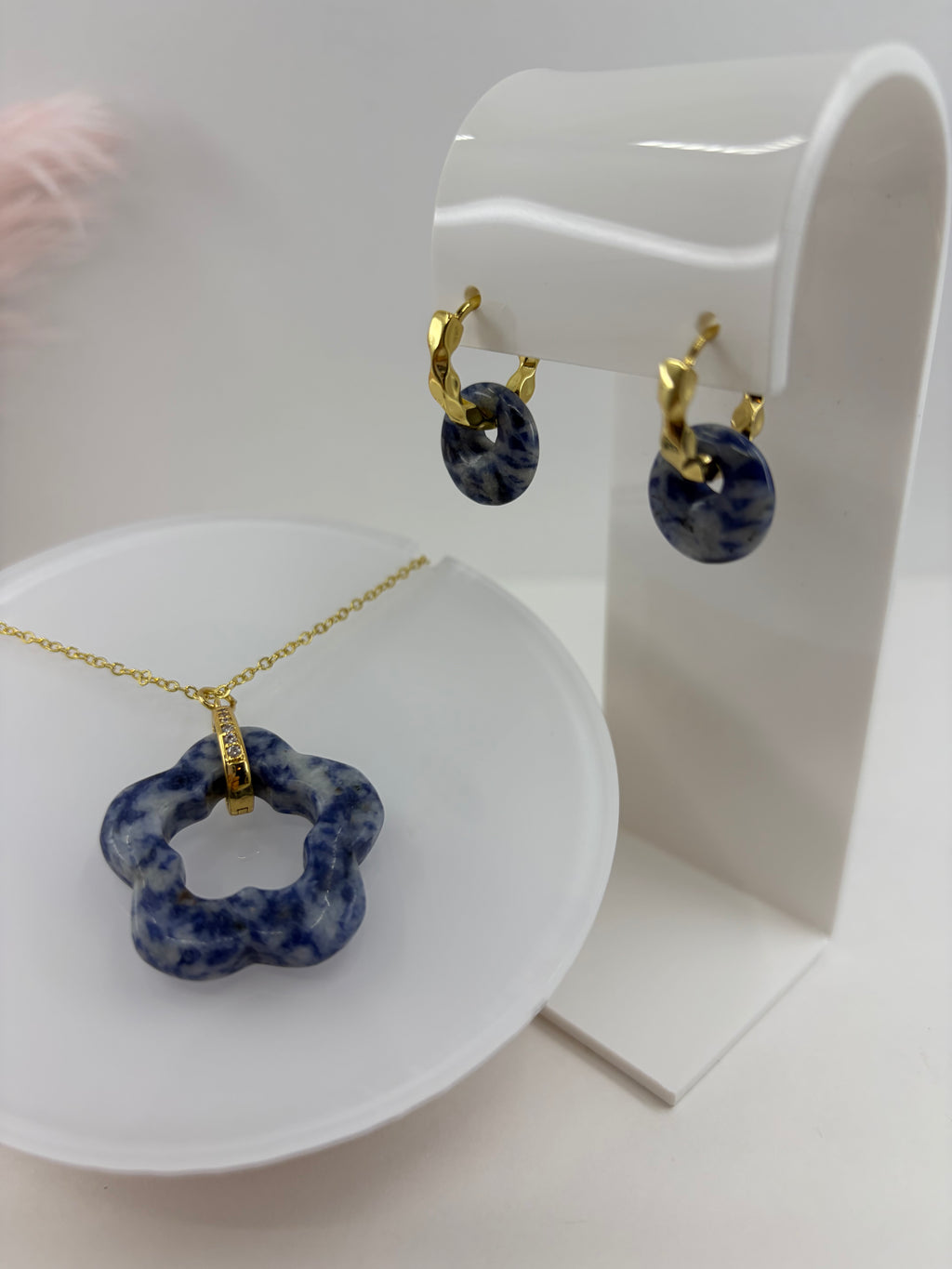 Blue spot jasper donut Earrings and sodalite necklace, 18K Gold Plated