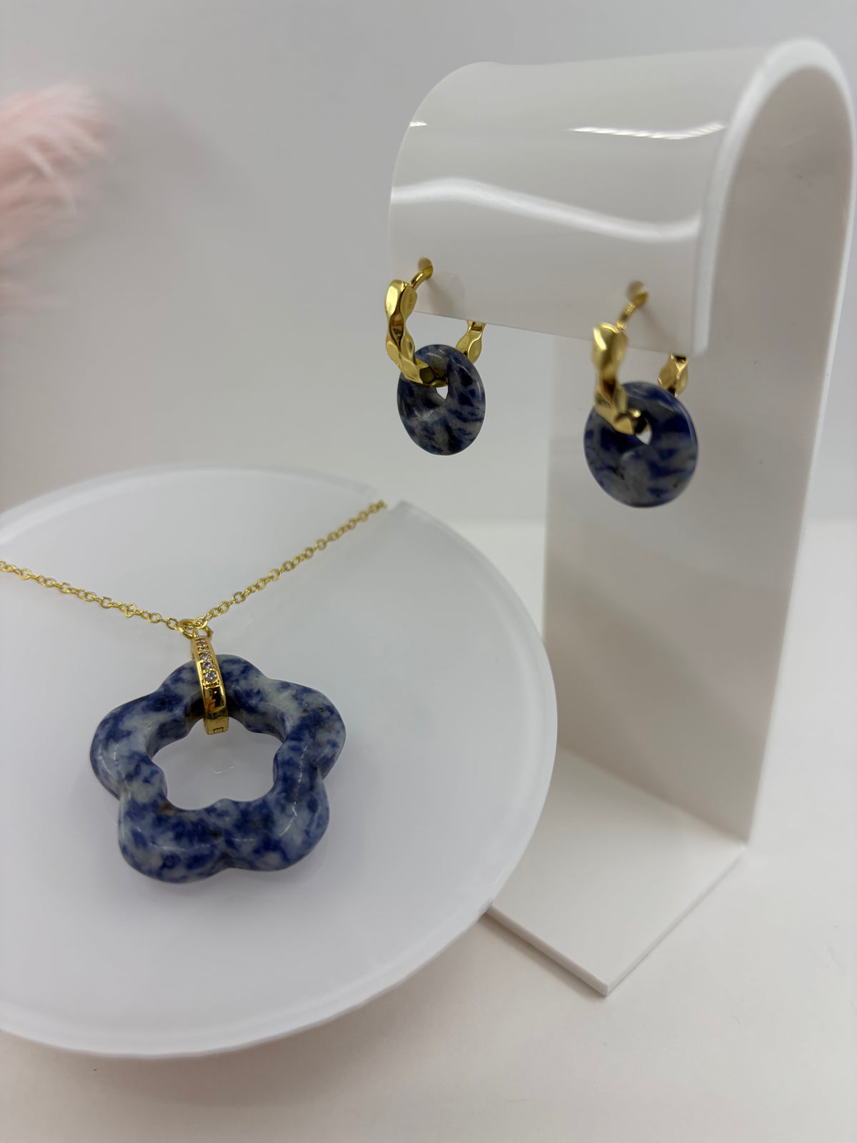 Blue spot jasper donut Earrings and sodalite necklace, 18K Gold Plated