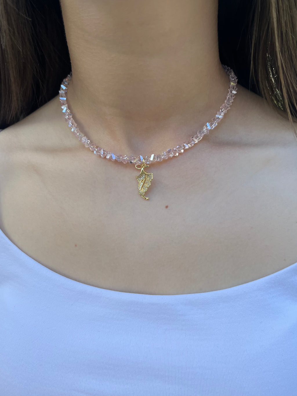 Pink crystal necklace with leaf pendant pendant