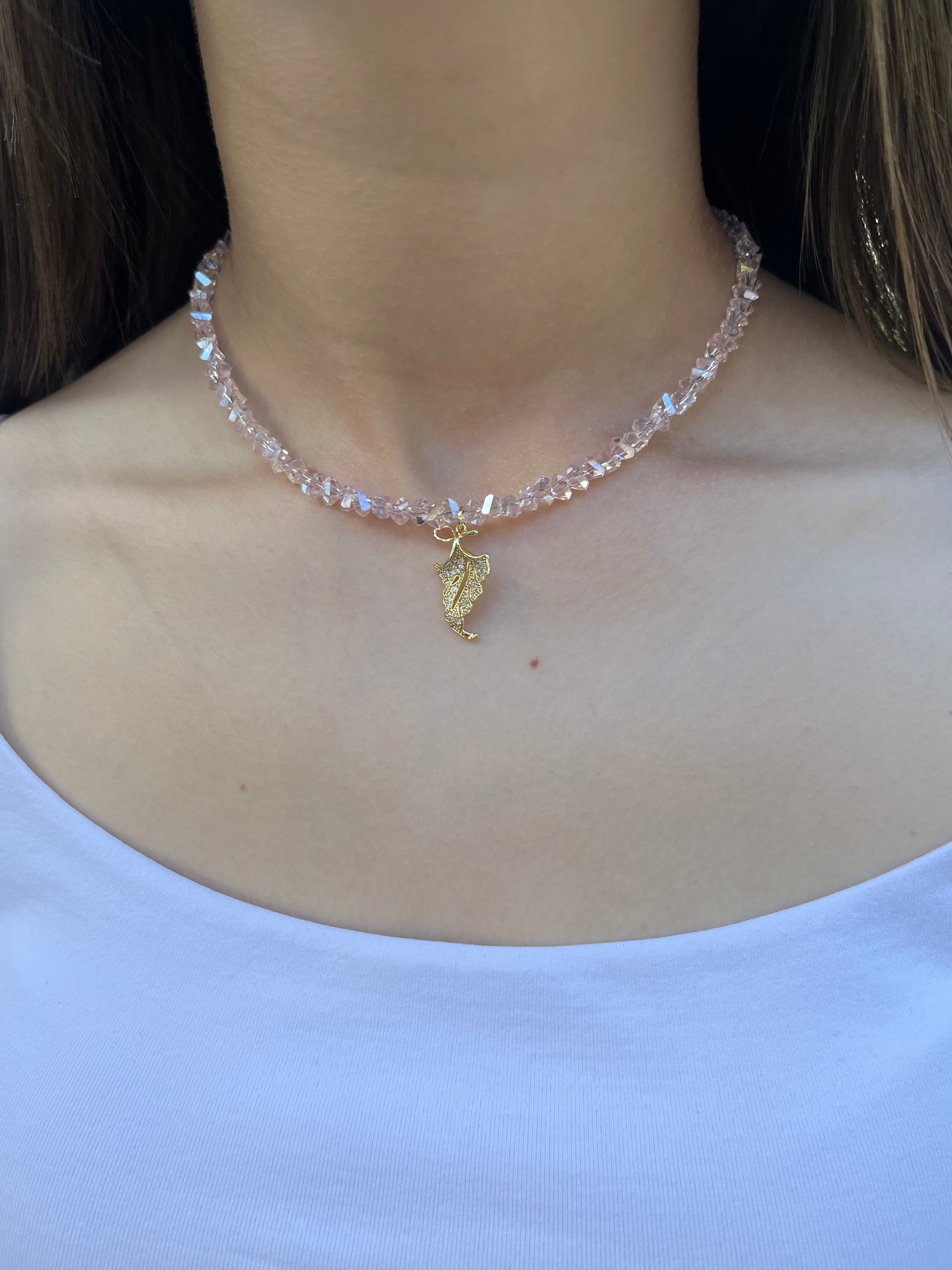 Pink crystal necklace with leaf pendant pendant