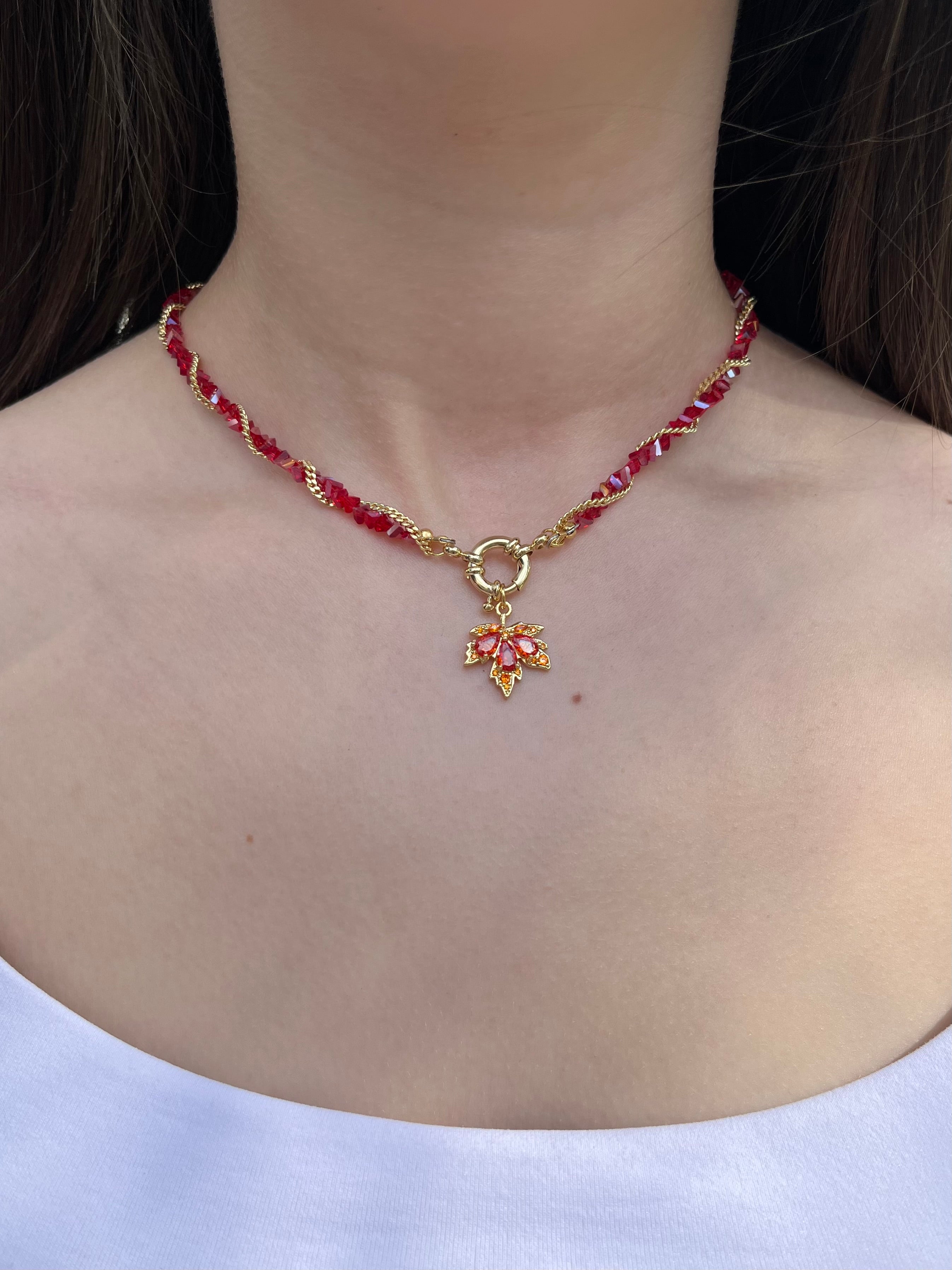 Crystal Red Necklace: 18K Gold Pendant Maple Leaf