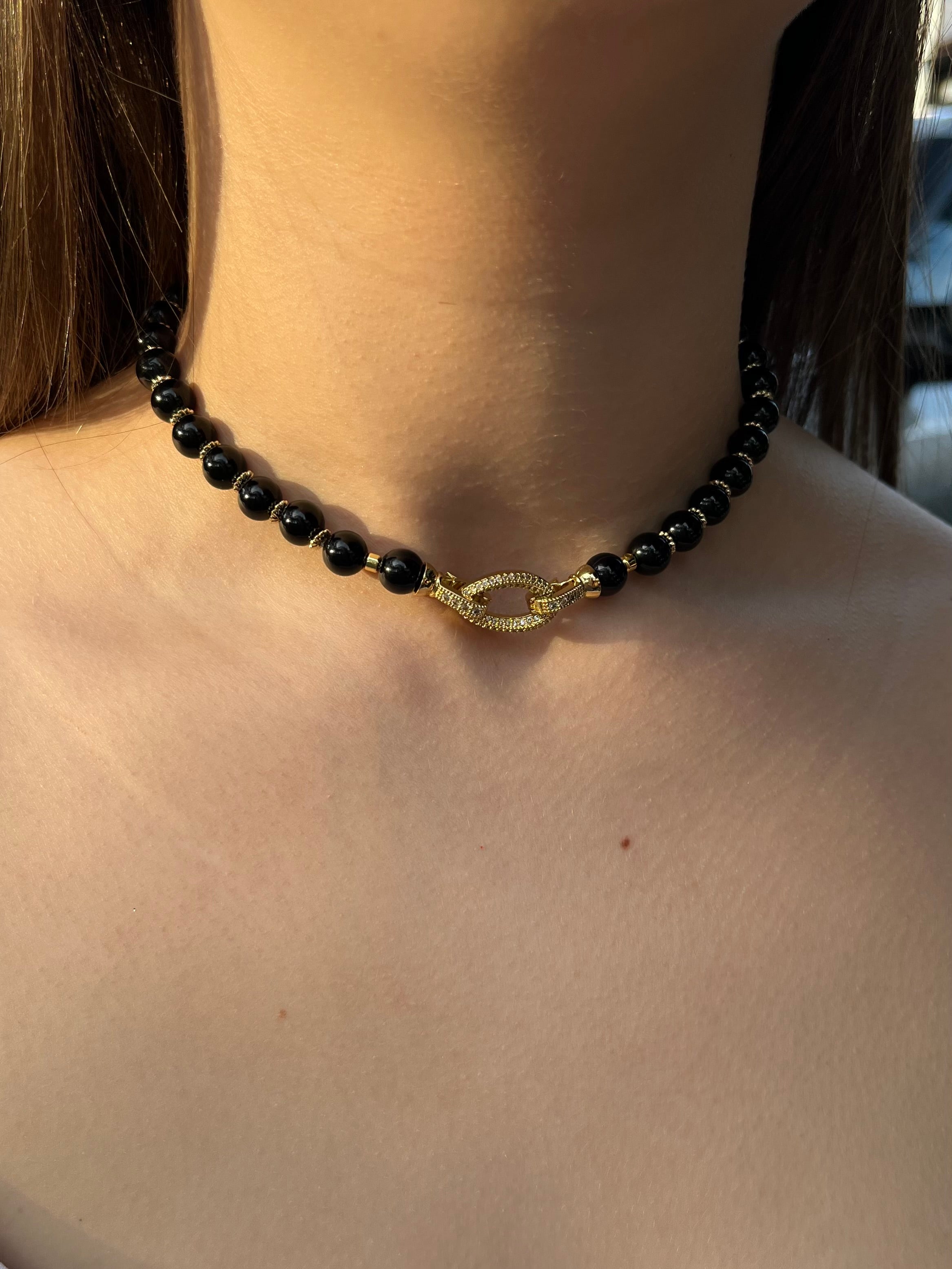 Black Onyx Choker – 18K Gold Plated Zirconia Clasp
