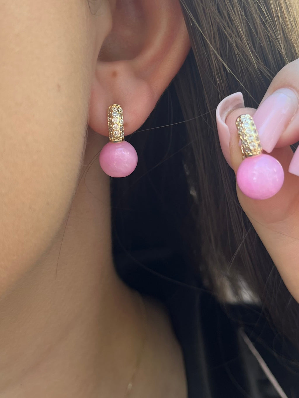 Natural pink Jade Gold Zirconia Earrings