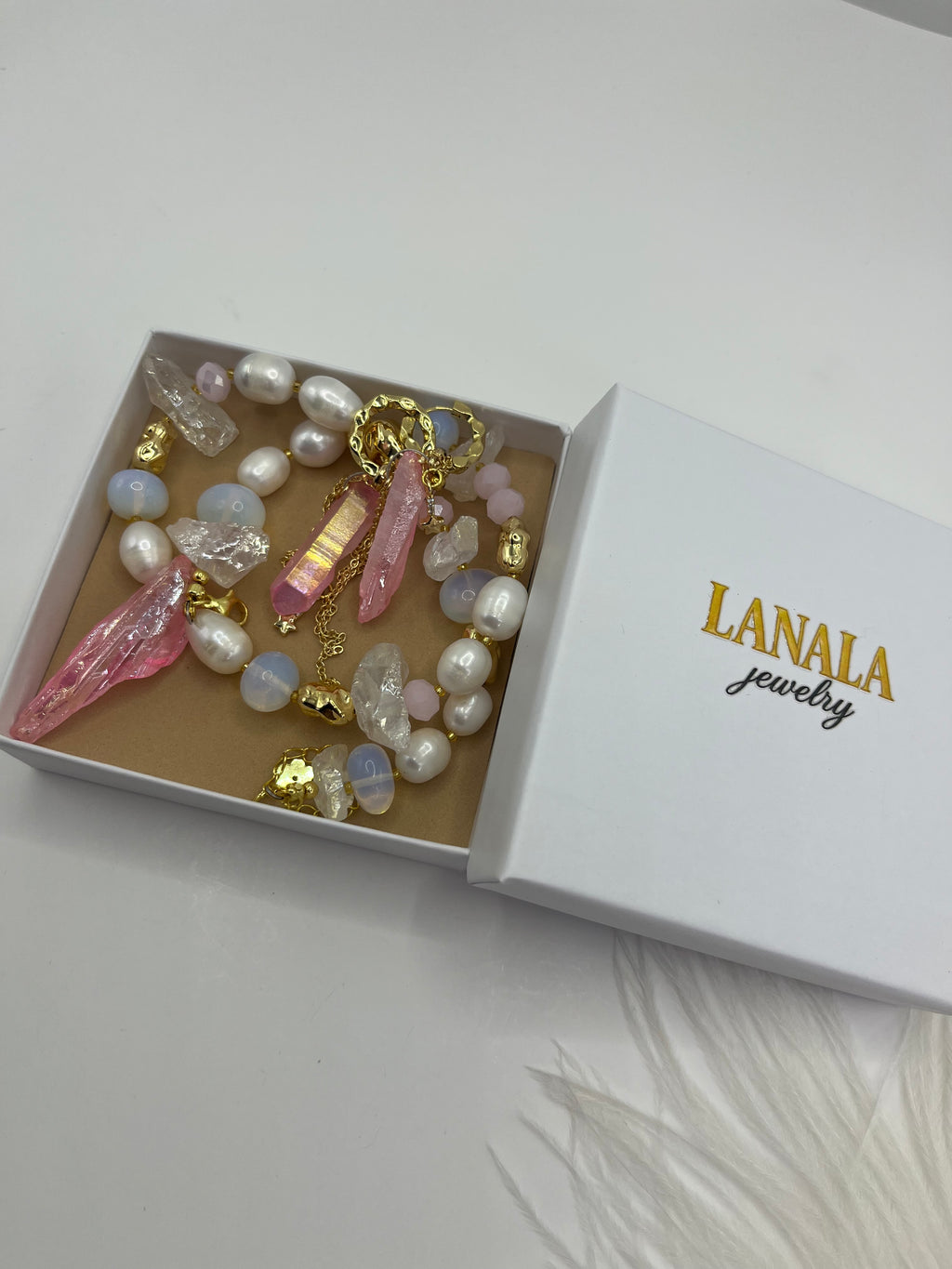 Set: Rose Quartz and Pearls Necklace and Earrings