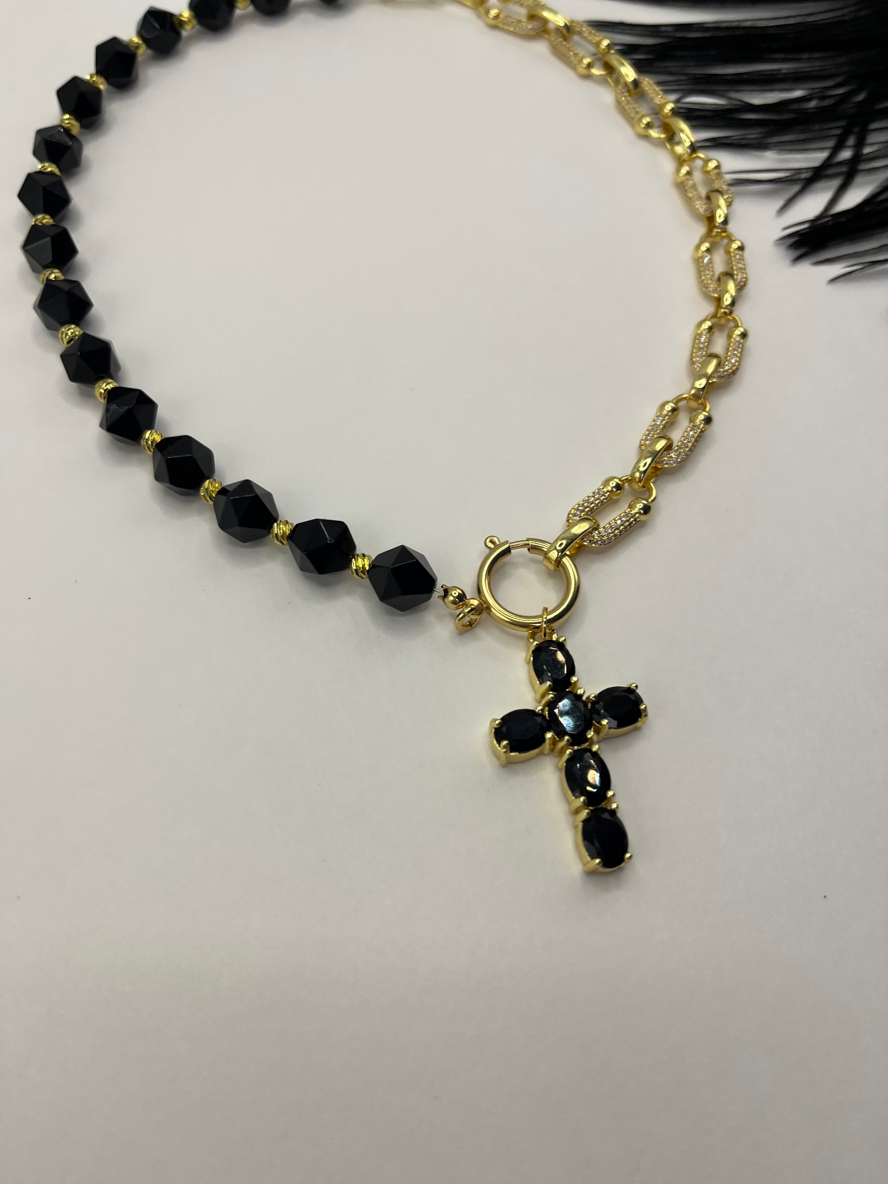 Asymmetrical Black Onyx Necklace– Cross 18K Gold Plated