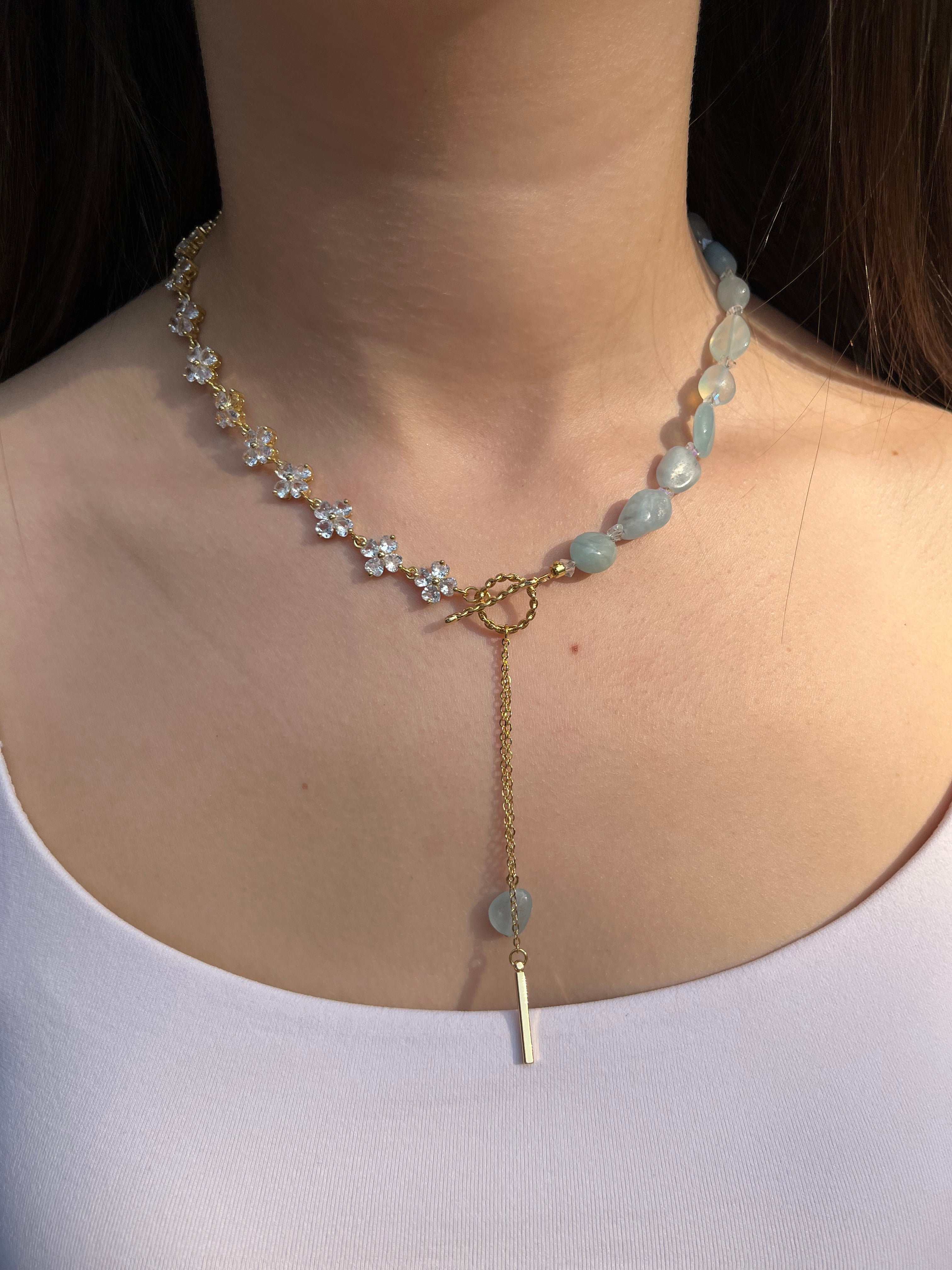 Asymmetrical Aquamarine Y-Necklace, zirconia chain, Bar pendant