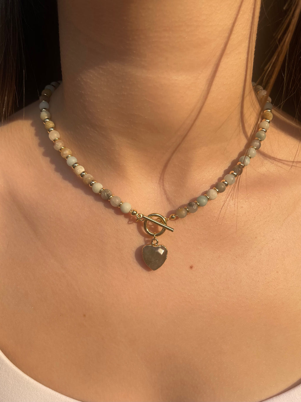 Natural Amazonite Heart Necklace, 18k gold plated clasp