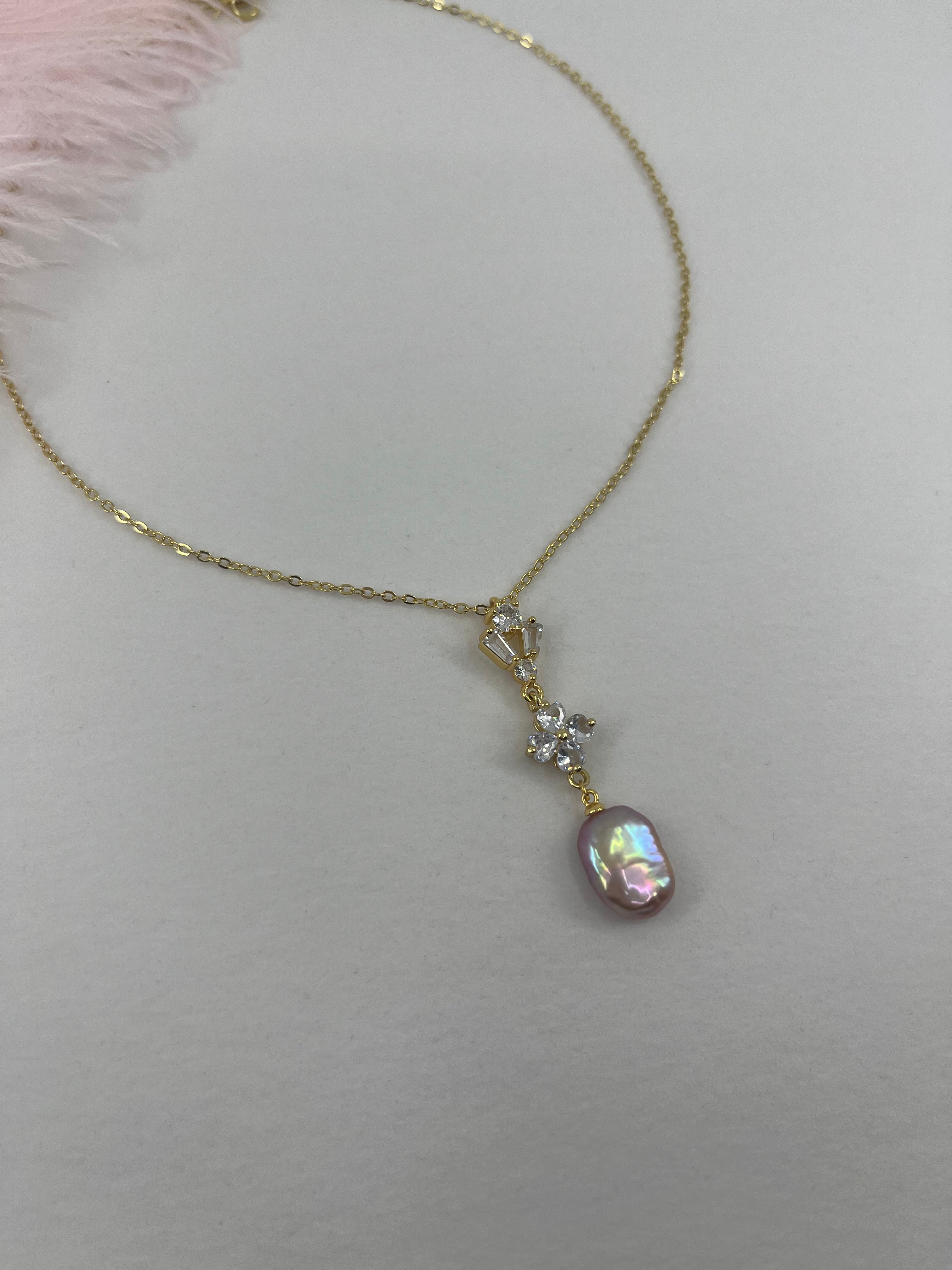 Baroque Pearl and zirconia Y-Necklace, 18k gold plated