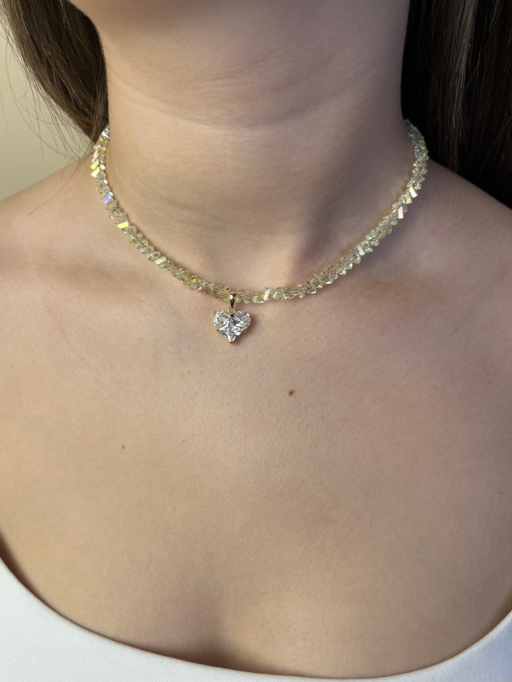 Crystal Glass Bead Choker: 18K Gold Heart Pendant