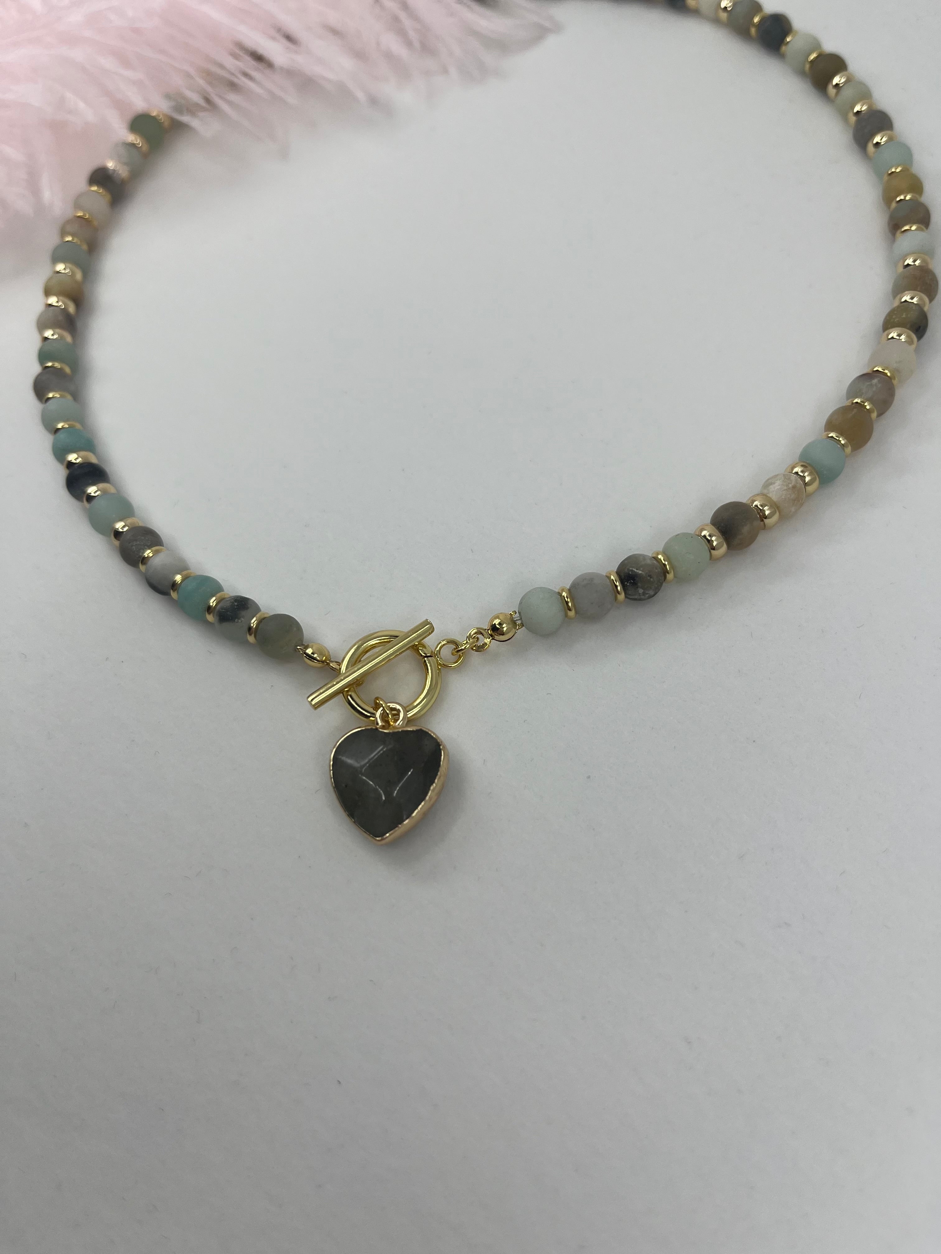 Natural Amazonite Heart Necklace, 18k gold plated clasp