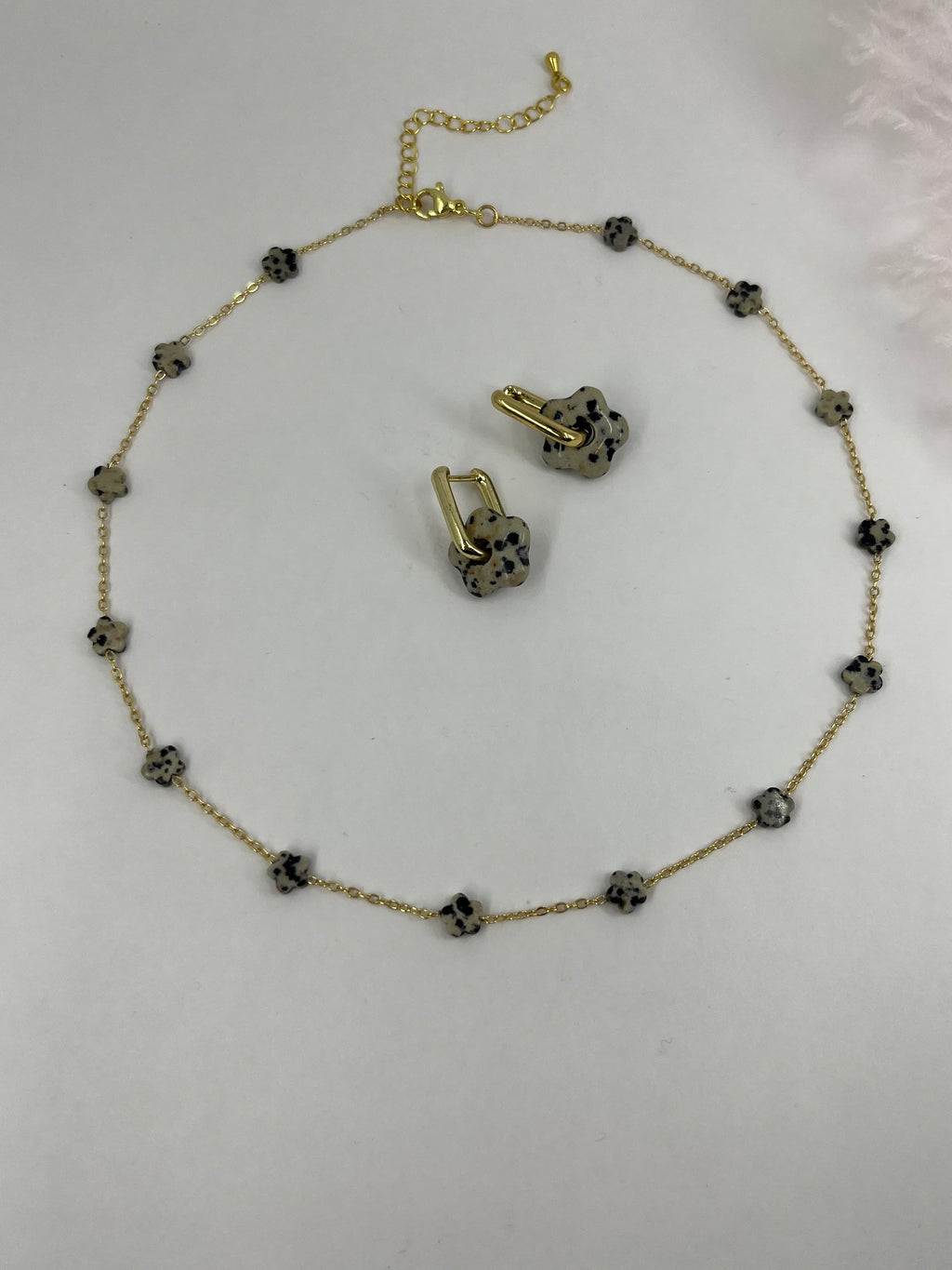 Dalmatian jasper flower Earrings and Necklace, 18K Gold Plated