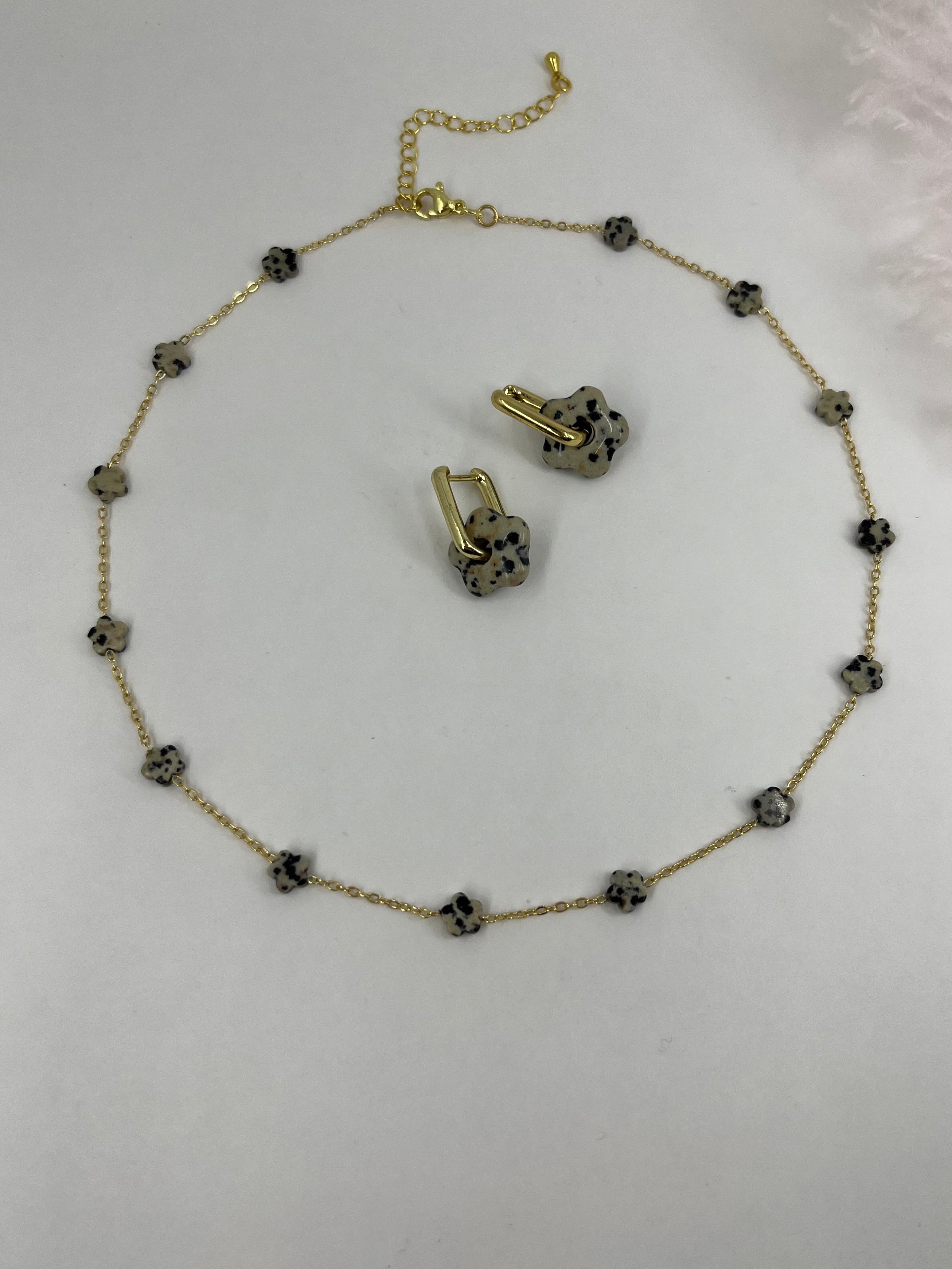 Dalmatian jasper flower Earrings and Necklace, 18K Gold Plated