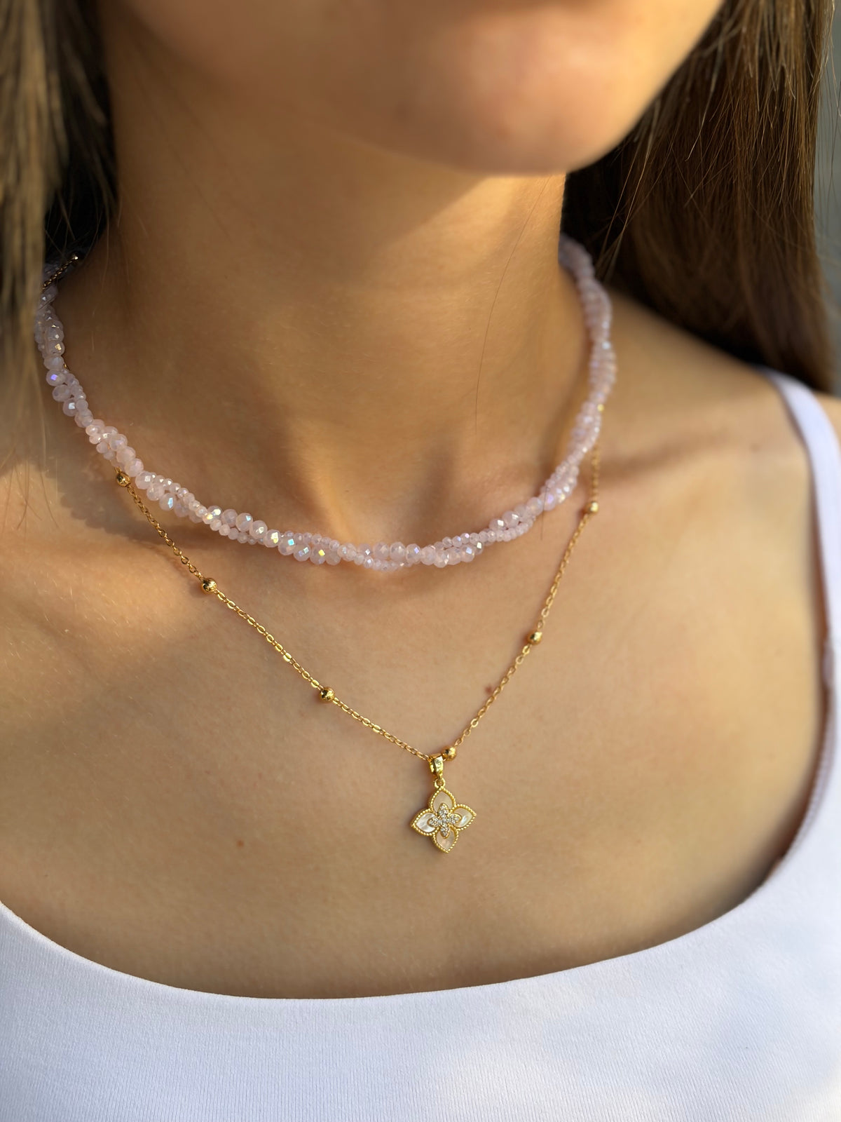 Pink crystal layered necklace with flower pendant pendant
