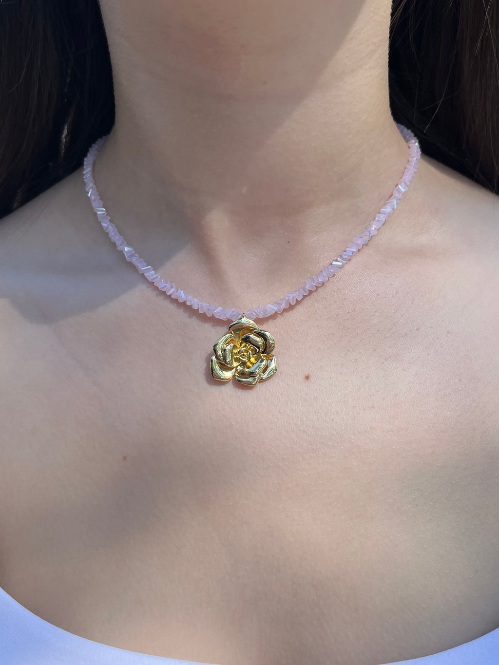 Crystal Pink Glass Bead Choker: 18K Gold Rose Pendant