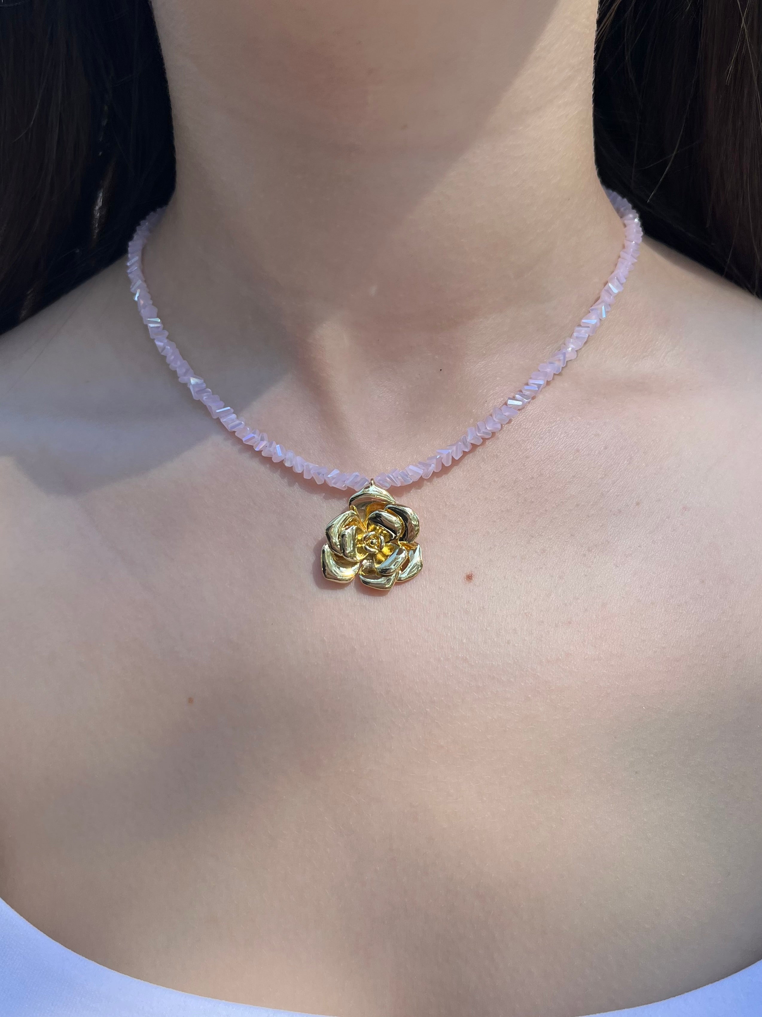 Crystal Pink Glass Bead Choker: 18K Gold Rose Pendant