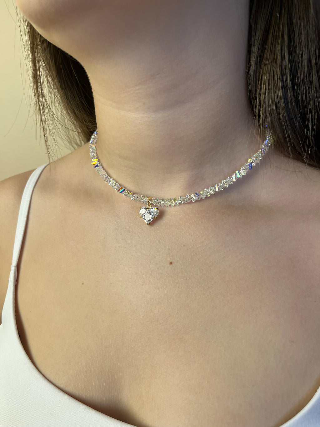 Set: Heart Crystal Choker Necklace and Earrings – 18K Gold Plated, Cubic Zirconia, Nickel Free