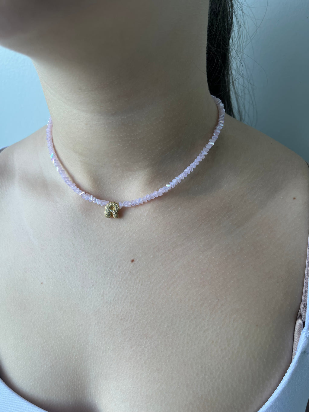 Initial Charm Pink Crystal Necklace – 18K Gold Plated, Cubic Zirconia