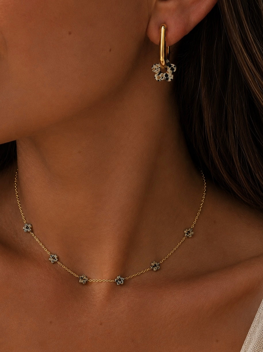 Dalmatian jasper flower Earrings and Necklace, 18K Gold Plated