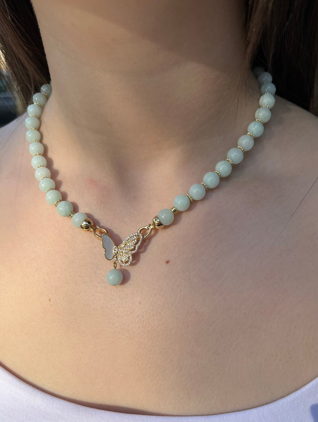 Natural Malaysia Jade Necklace with 18K Gold Butterfly Clasp