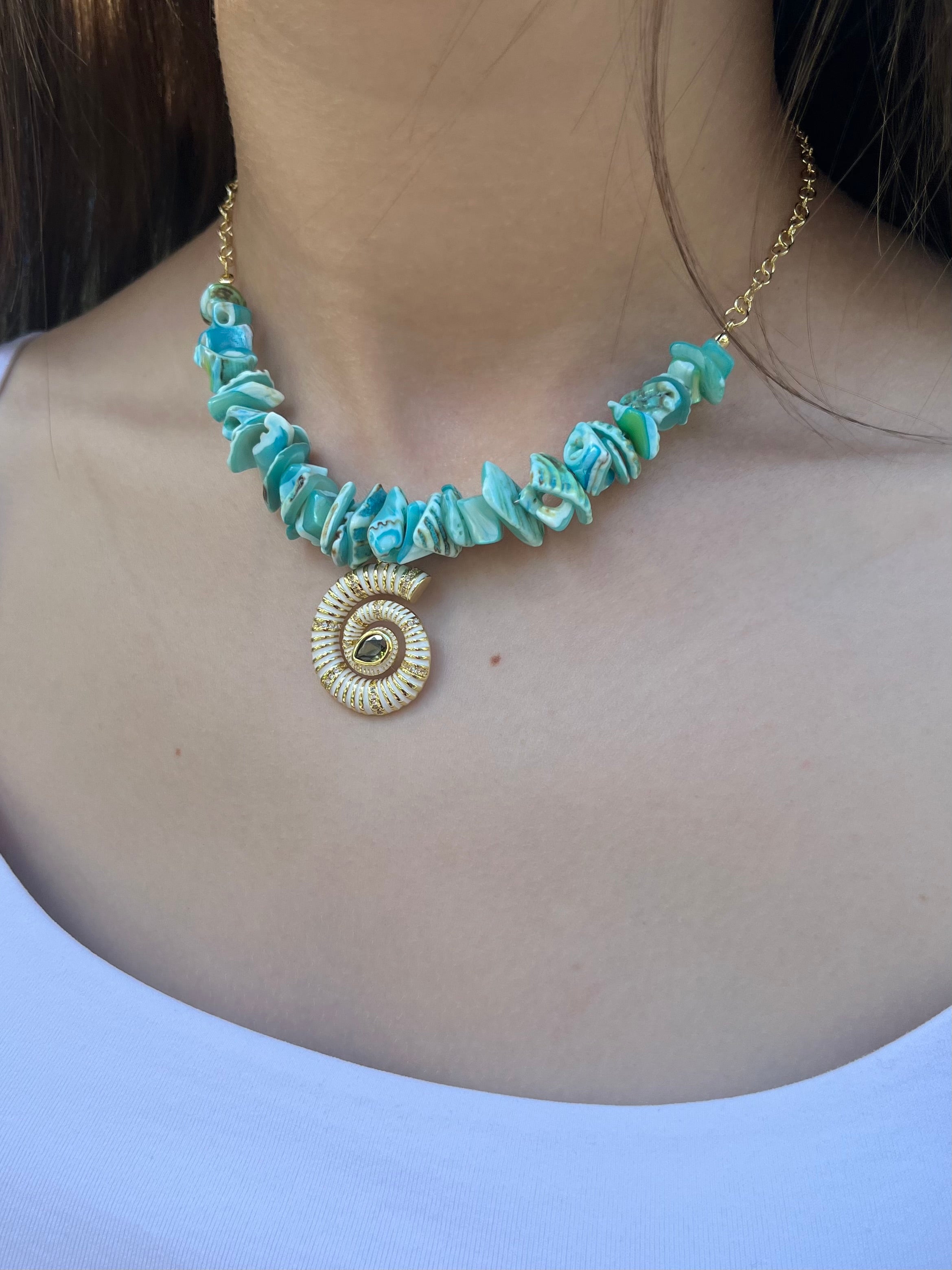 Natural Blue Shell Necklace with Conch Charm, 18K Gold Plated