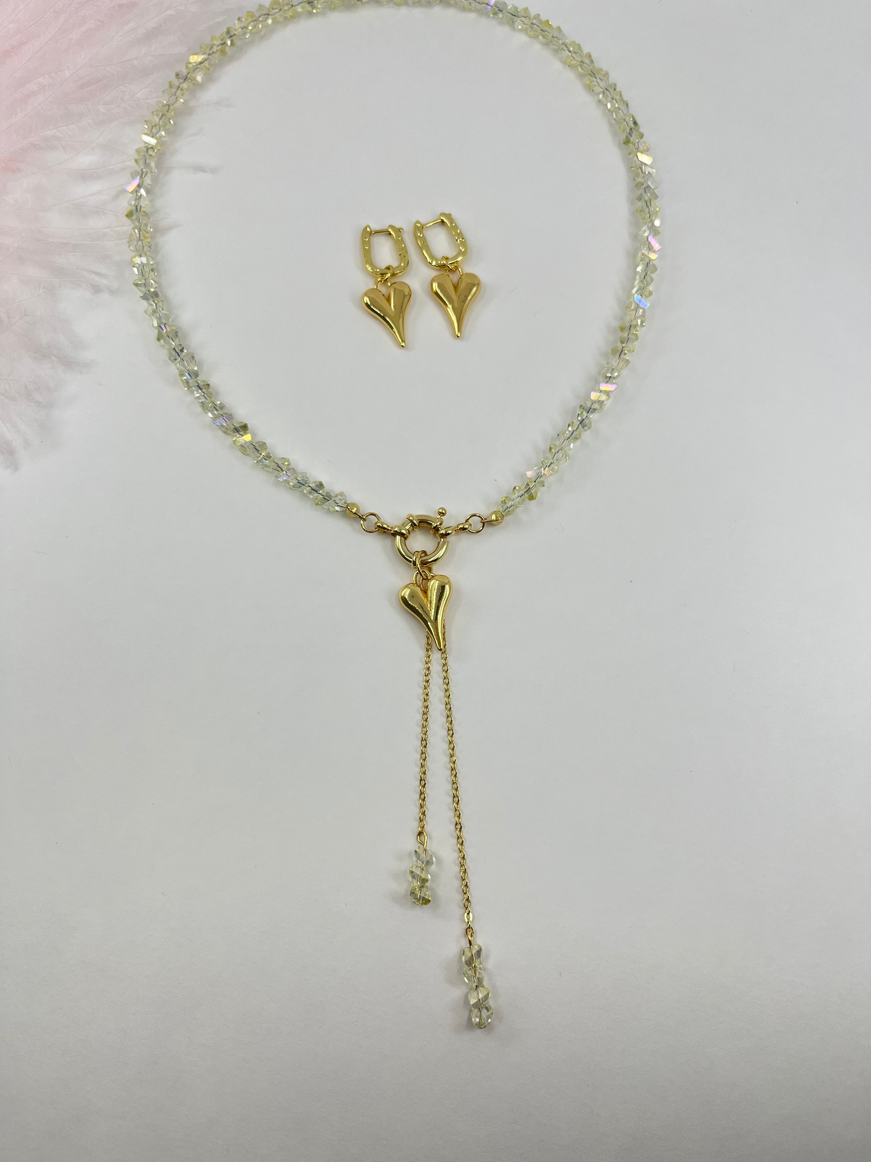 Set: Heart Crystal Y-Necklace and Earrings – 18K Gold Plated