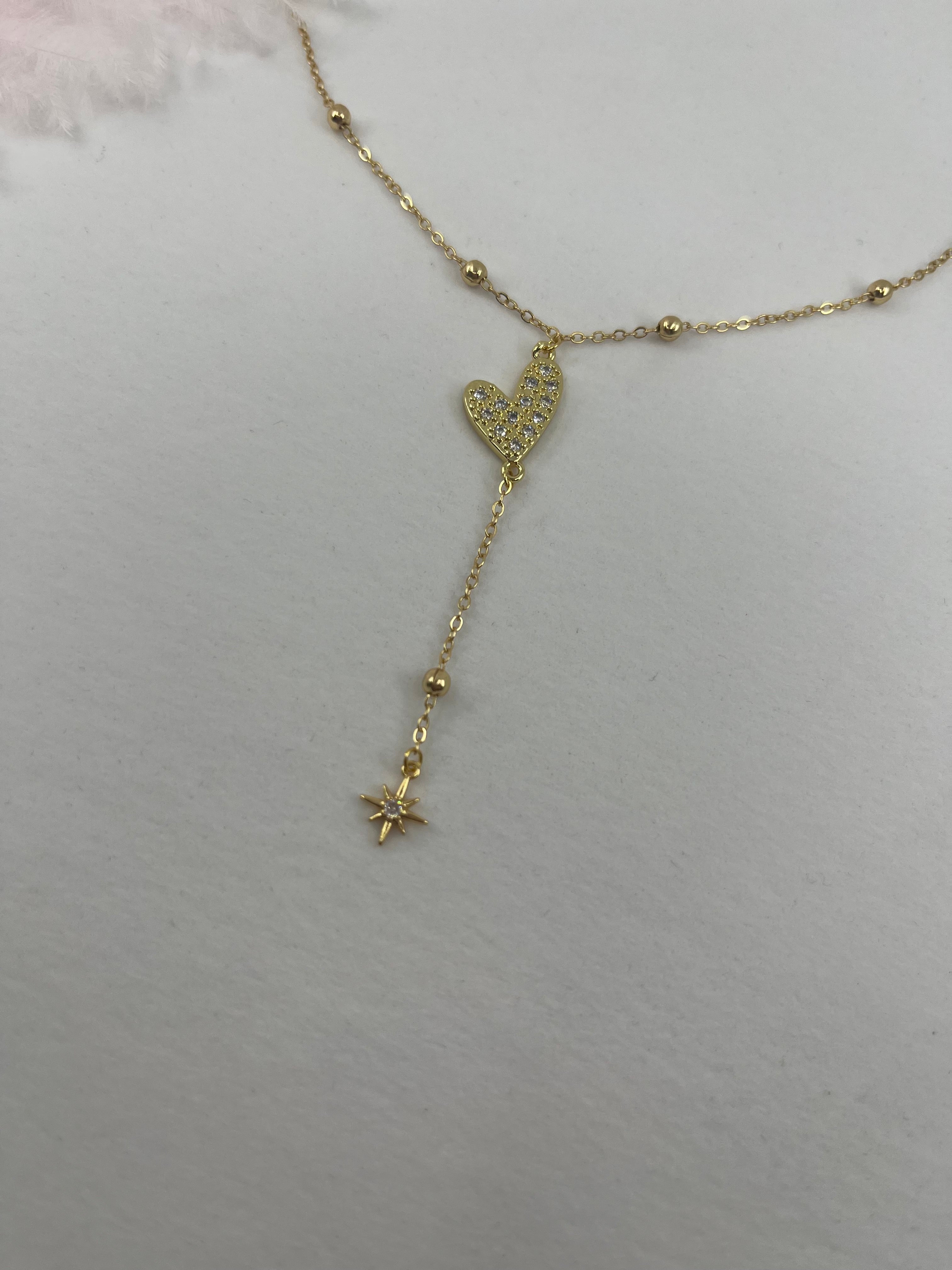Lariat Y-Necklace, zirconia heart pendant 18k gold plated