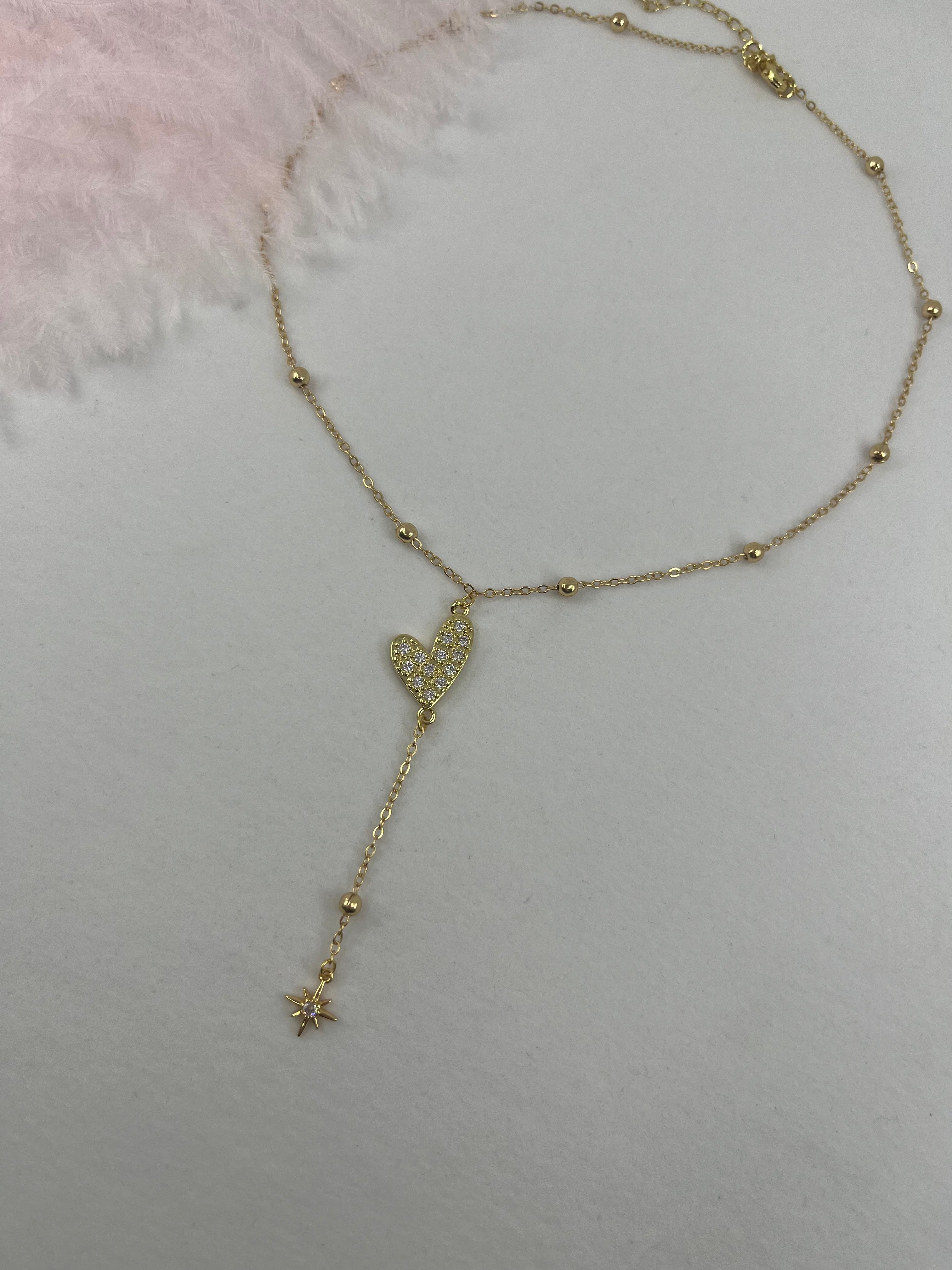 Lariat Y-Necklace, zirconia heart pendant 18k gold plated