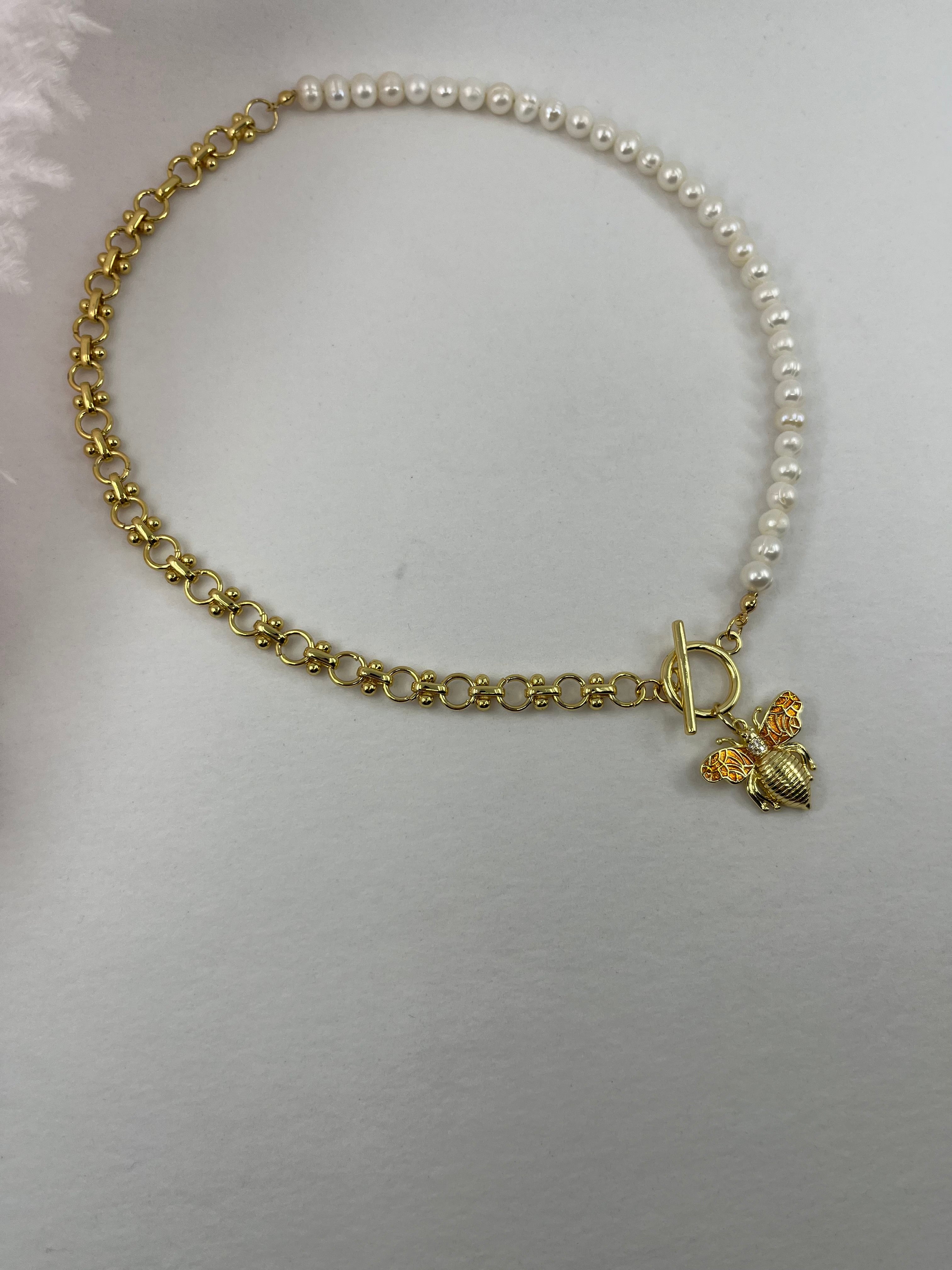 Asymmetrical Pearl Necklace with Bee Pendant, 18K Gold Plated Chain