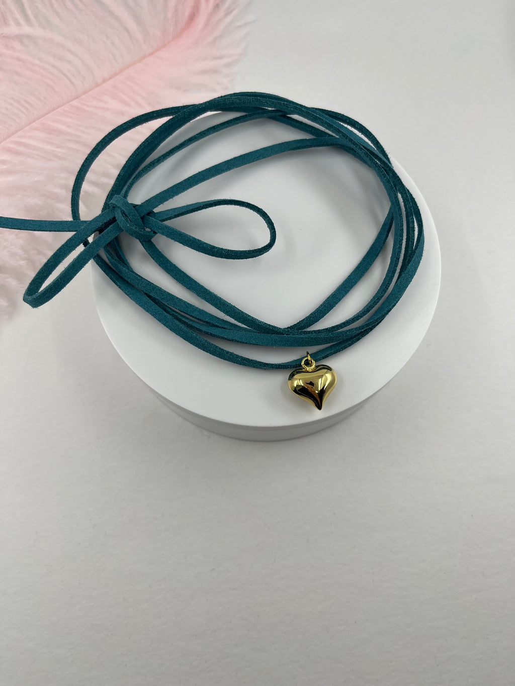 Turquoise Suede Bow Tie Wrap Choker, 18K gold Heart Pendant Necklace