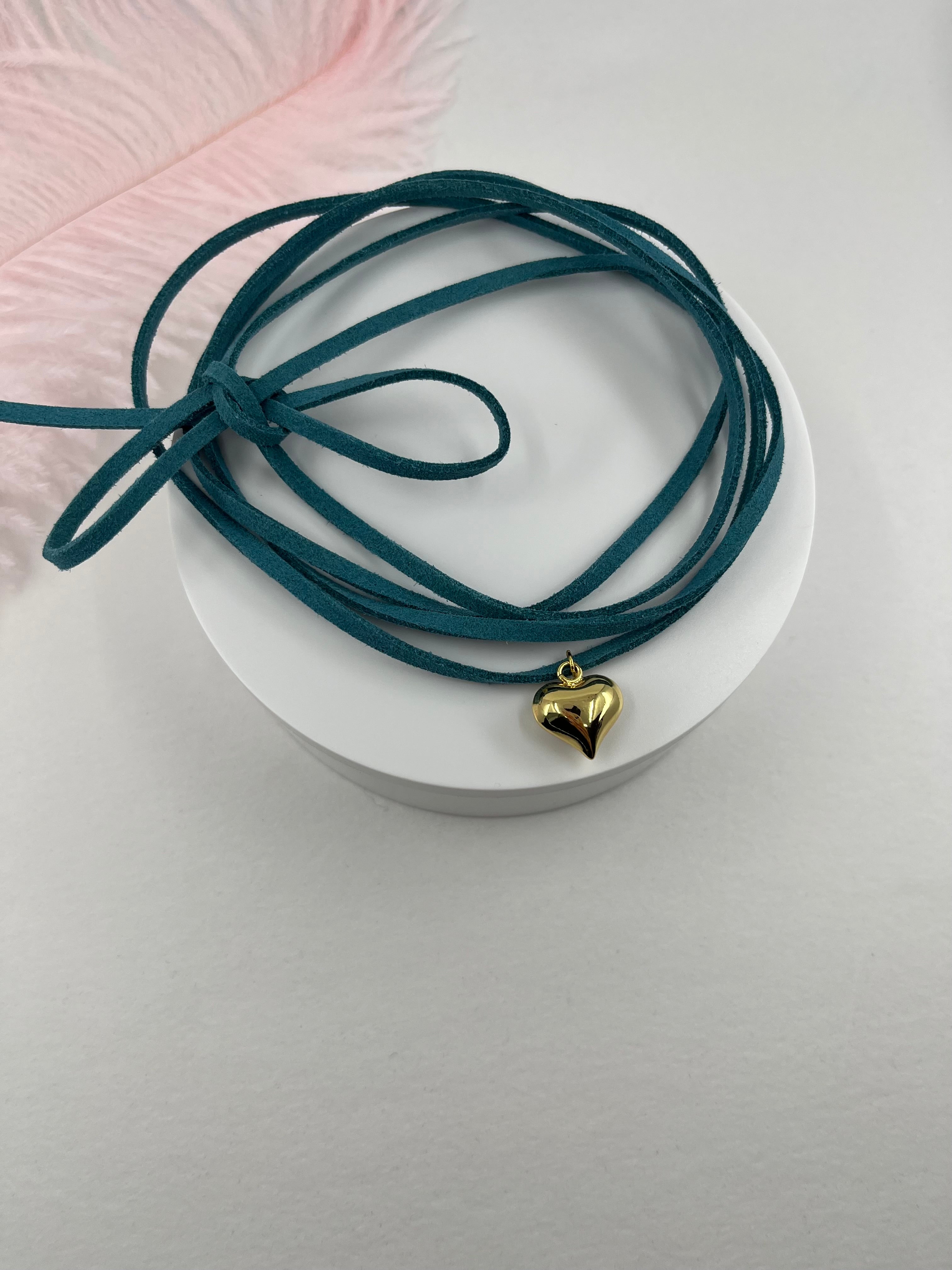Turquoise Suede Bow Tie Wrap Choker, 18K gold Heart Pendant Necklace